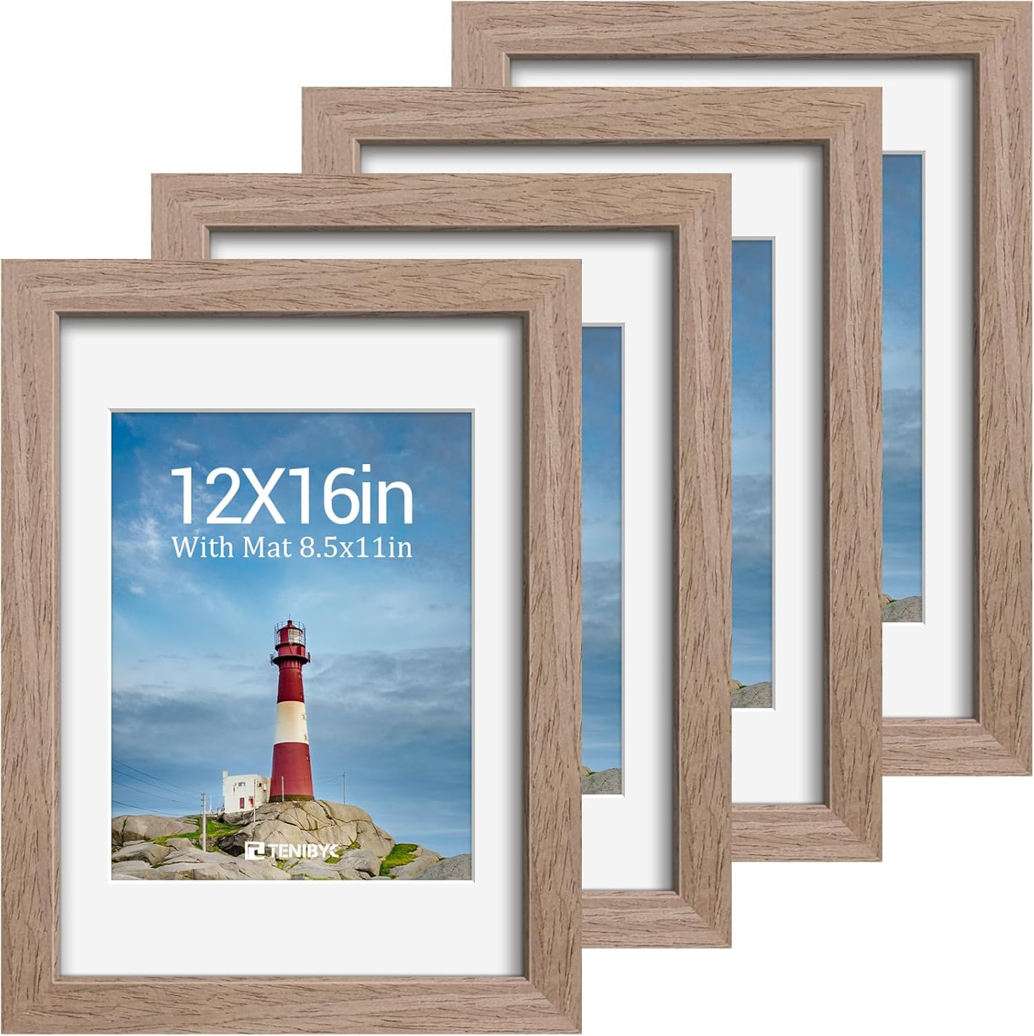 12x16 Picture Frame Set - 4 Pack, Walnut Solid Wood Photo Frames - Tempered Glass - Displays Photos 8.5x11 with Mat or 12 x 16 without - Room, Office, Gallery, Studio, and Hallway Decor - Wall Hanging