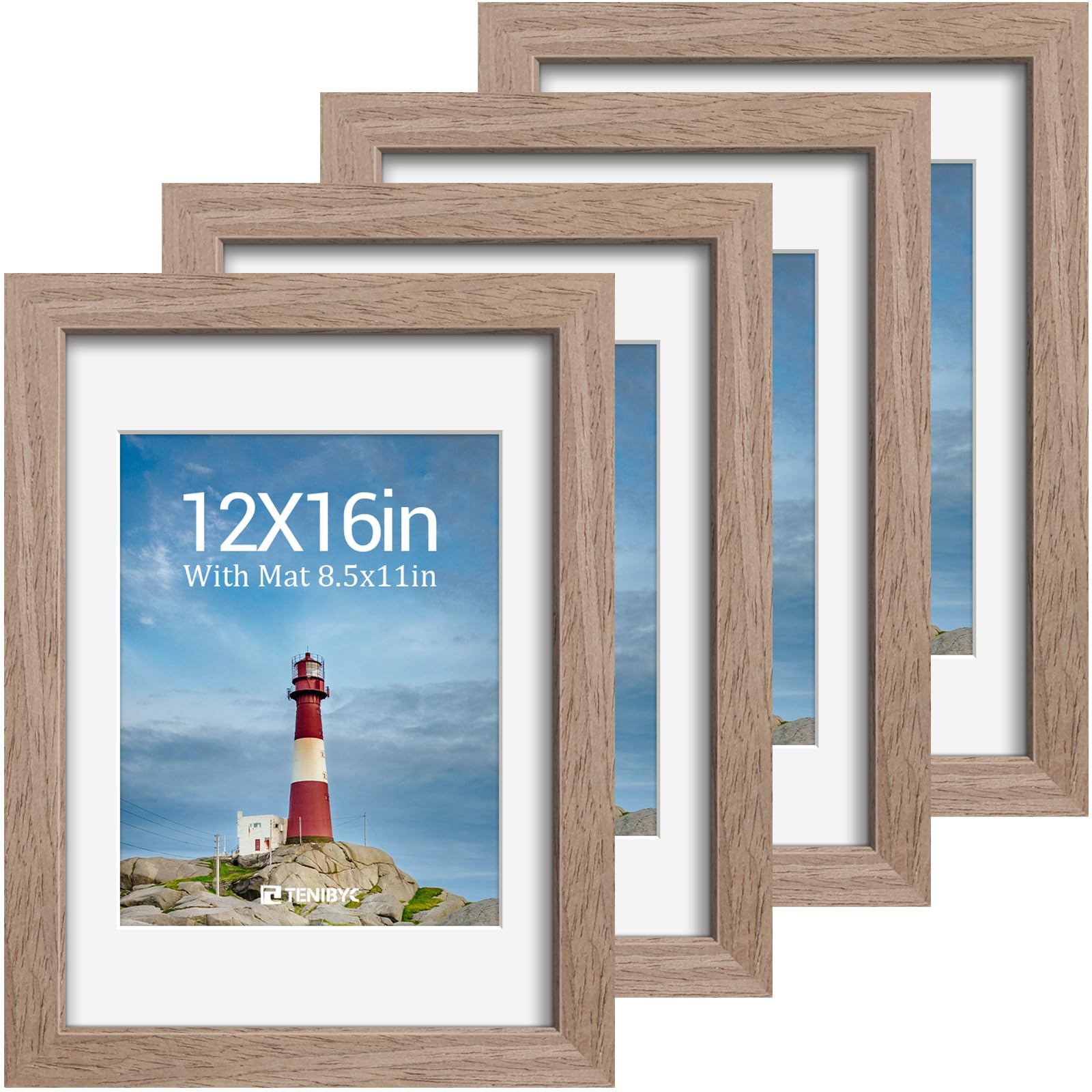 12x16 Picture Frame Set - 4 Pack, Walnut Solid Wood Photo Frames - Tempered Glass - Displays Photos 8.5x11 with Mat or 12 x 16 without - Room, Office, Gallery, Studio, and Hallway Decor - Wall Hanging