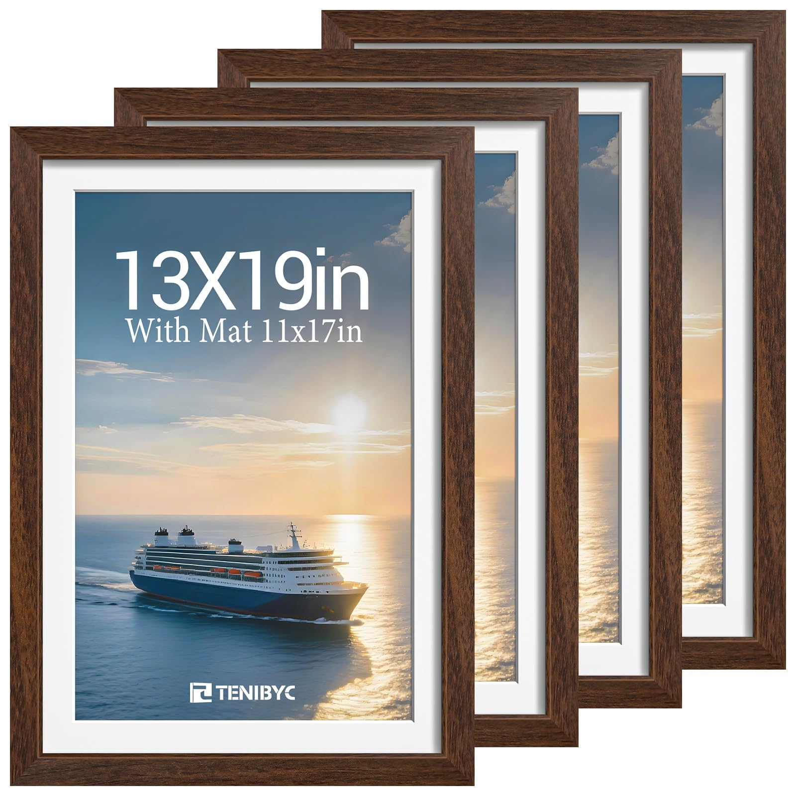 12x16 Picture Frame Set - 4 Pack, Walnut Solid Wood Photo Frames - Tempered Glass - Displays Photos 8.5x11 with Mat or 12 x 16 without - Room, Office, Gallery, Studio, and Hallway Decor - Wall Hanging
