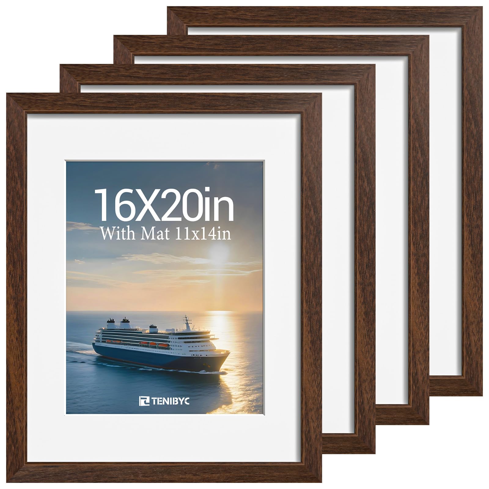 12x16 Picture Frame Set - 4 Pack, Walnut Solid Wood Photo Frames - Tempered Glass - Displays Photos 8.5x11 with Mat or 12 x 16 without - Room, Office, Gallery, Studio, and Hallway Decor - Wall Hanging