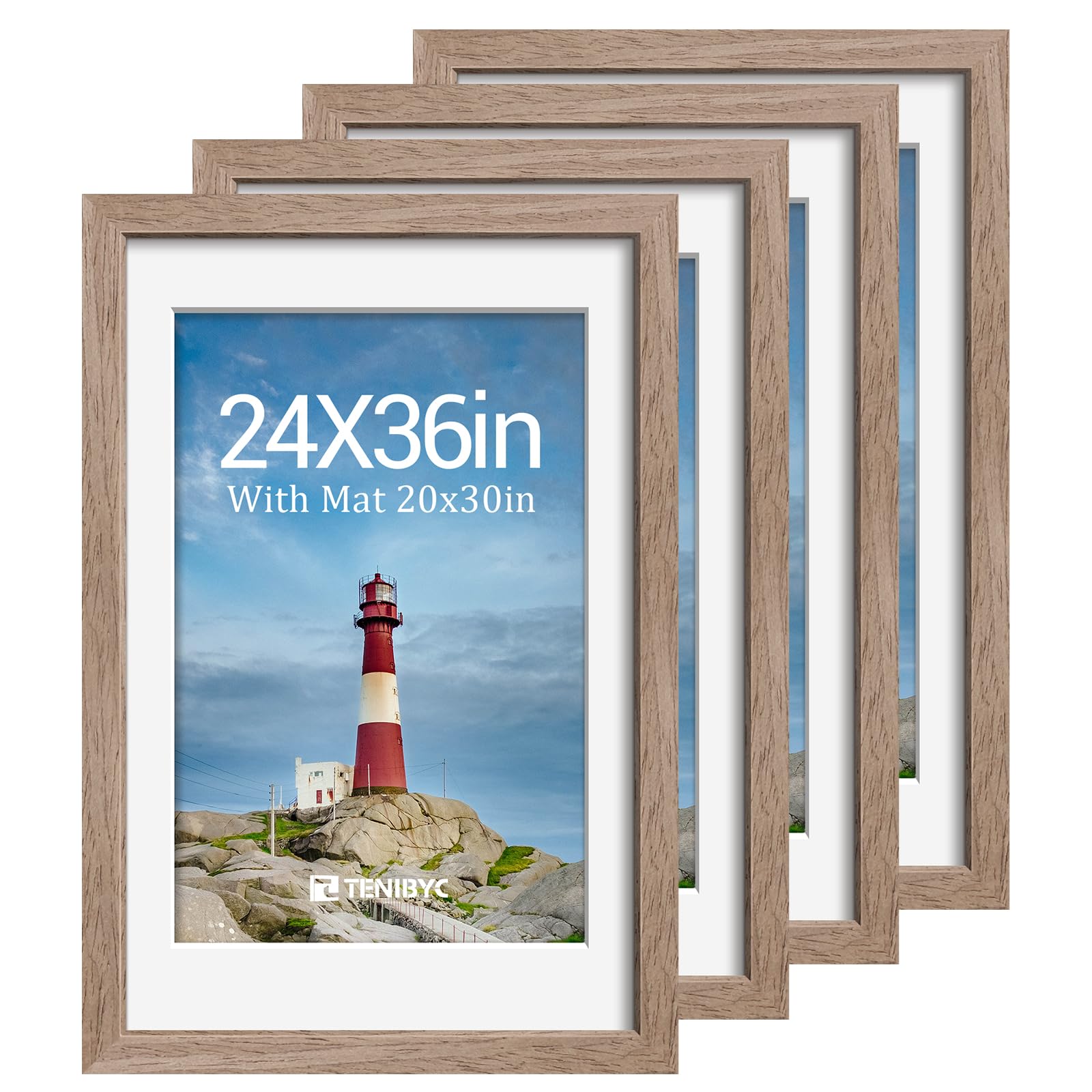 12x16 Picture Frame Set - 4 Pack, Walnut Solid Wood Photo Frames - Tempered Glass - Displays Photos 8.5x11 with Mat or 12 x 16 without - Room, Office, Gallery, Studio, and Hallway Decor - Wall Hanging