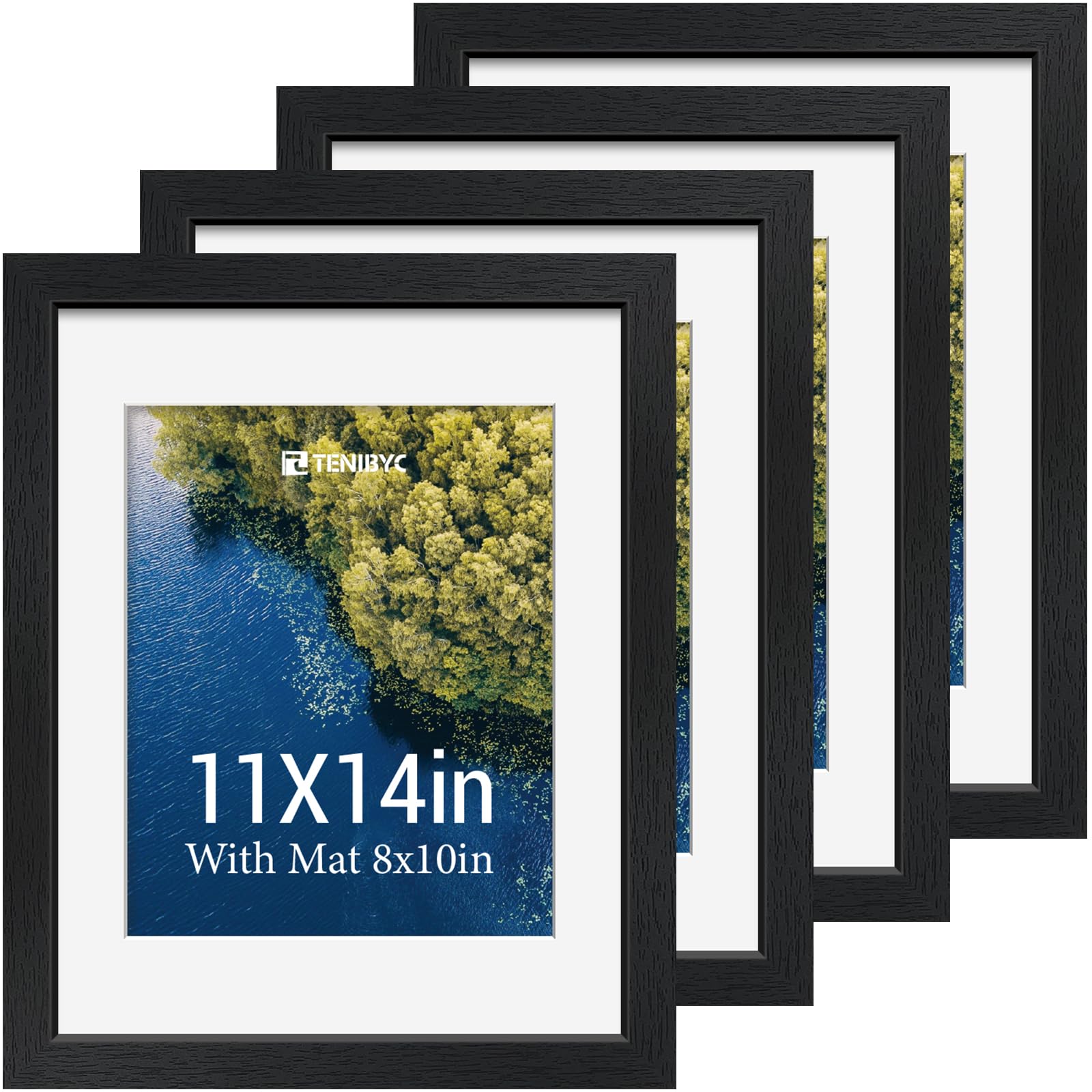 12x16 Picture Frame Set - 4 Pack, Walnut Solid Wood Photo Frames - Tempered Glass - Displays Photos 8.5x11 with Mat or 12 x 16 without - Room, Office, Gallery, Studio, and Hallway Decor - Wall Hanging