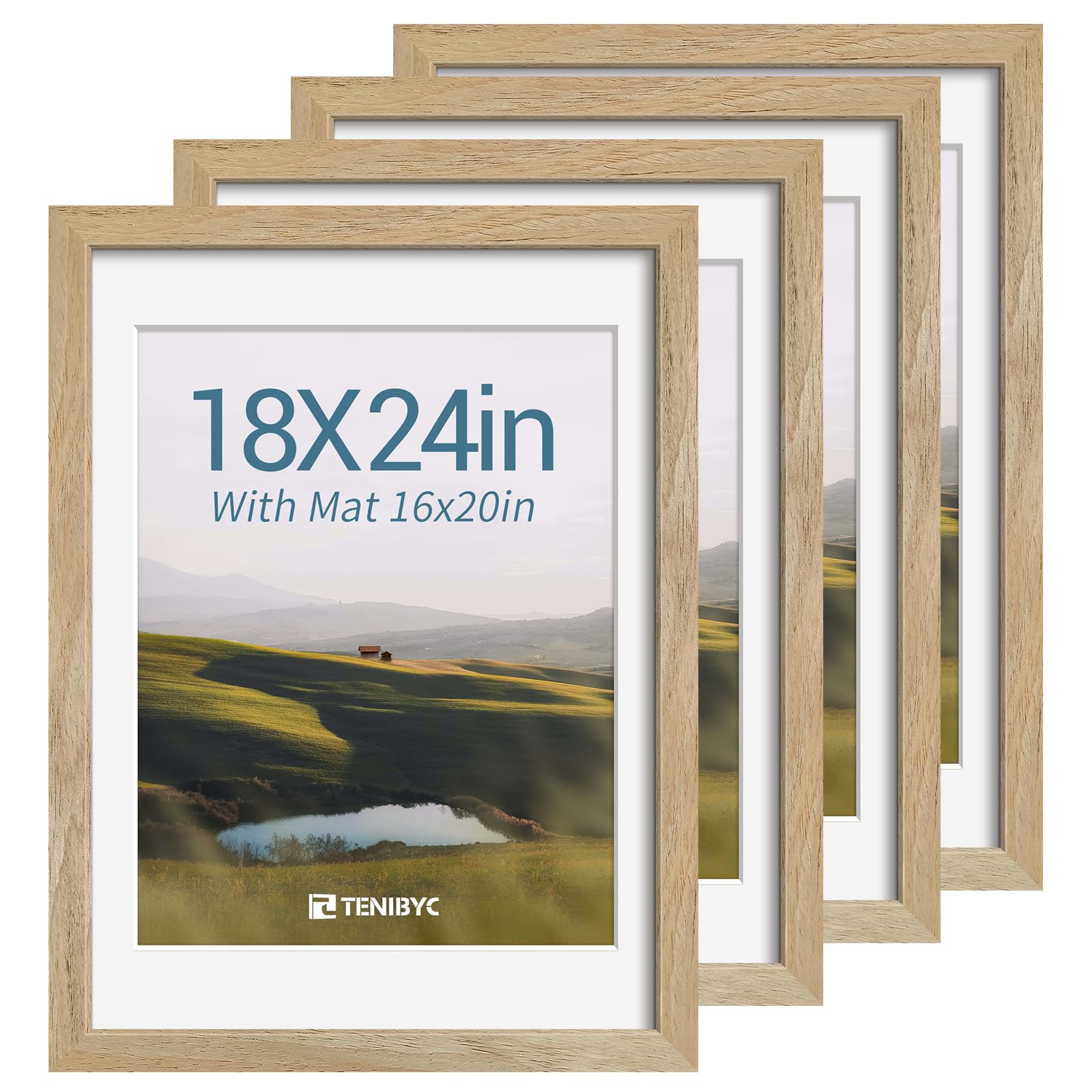 12x16 Picture Frame Set - 4 Pack, Walnut Solid Wood Photo Frames - Tempered Glass - Displays Photos 8.5x11 with Mat or 12 x 16 without - Room, Office, Gallery, Studio, and Hallway Decor - Wall Hanging
