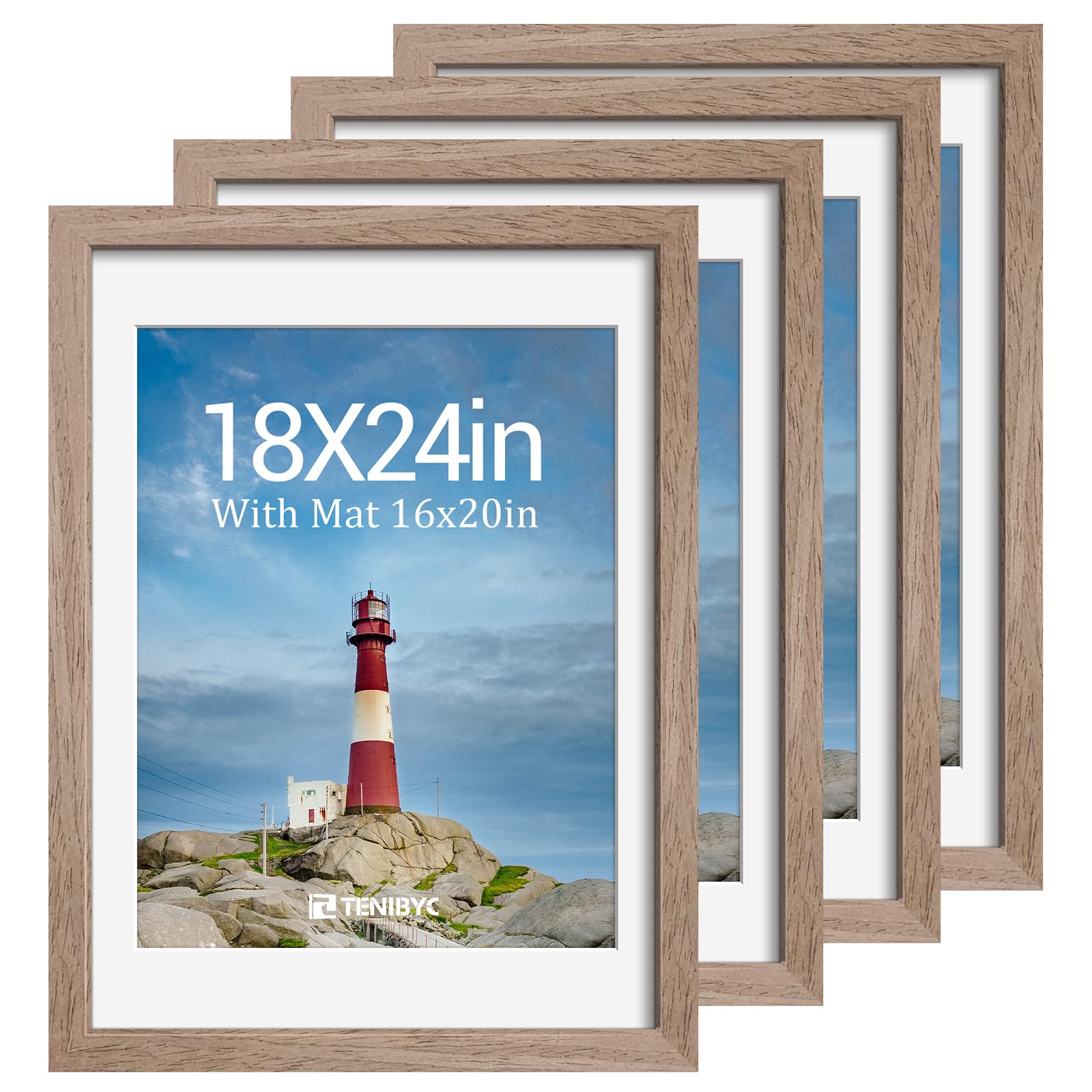 12x16 Picture Frame Set - 4 Pack, Walnut Solid Wood Photo Frames - Tempered Glass - Displays Photos 8.5x11 with Mat or 12 x 16 without - Room, Office, Gallery, Studio, and Hallway Decor - Wall Hanging