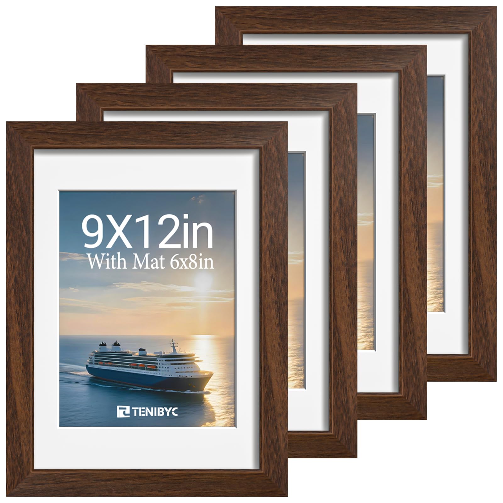 12x16 Picture Frame Set - 4 Pack, Walnut Solid Wood Photo Frames - Tempered Glass - Displays Photos 8.5x11 with Mat or 12 x 16 without - Room, Office, Gallery, Studio, and Hallway Decor - Wall Hanging