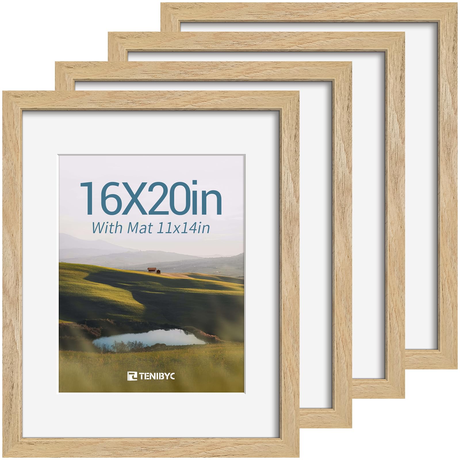 12x16 Picture Frame Set - 4 Pack, Walnut Solid Wood Photo Frames - Tempered Glass - Displays Photos 8.5x11 with Mat or 12 x 16 without - Room, Office, Gallery, Studio, and Hallway Decor - Wall Hanging