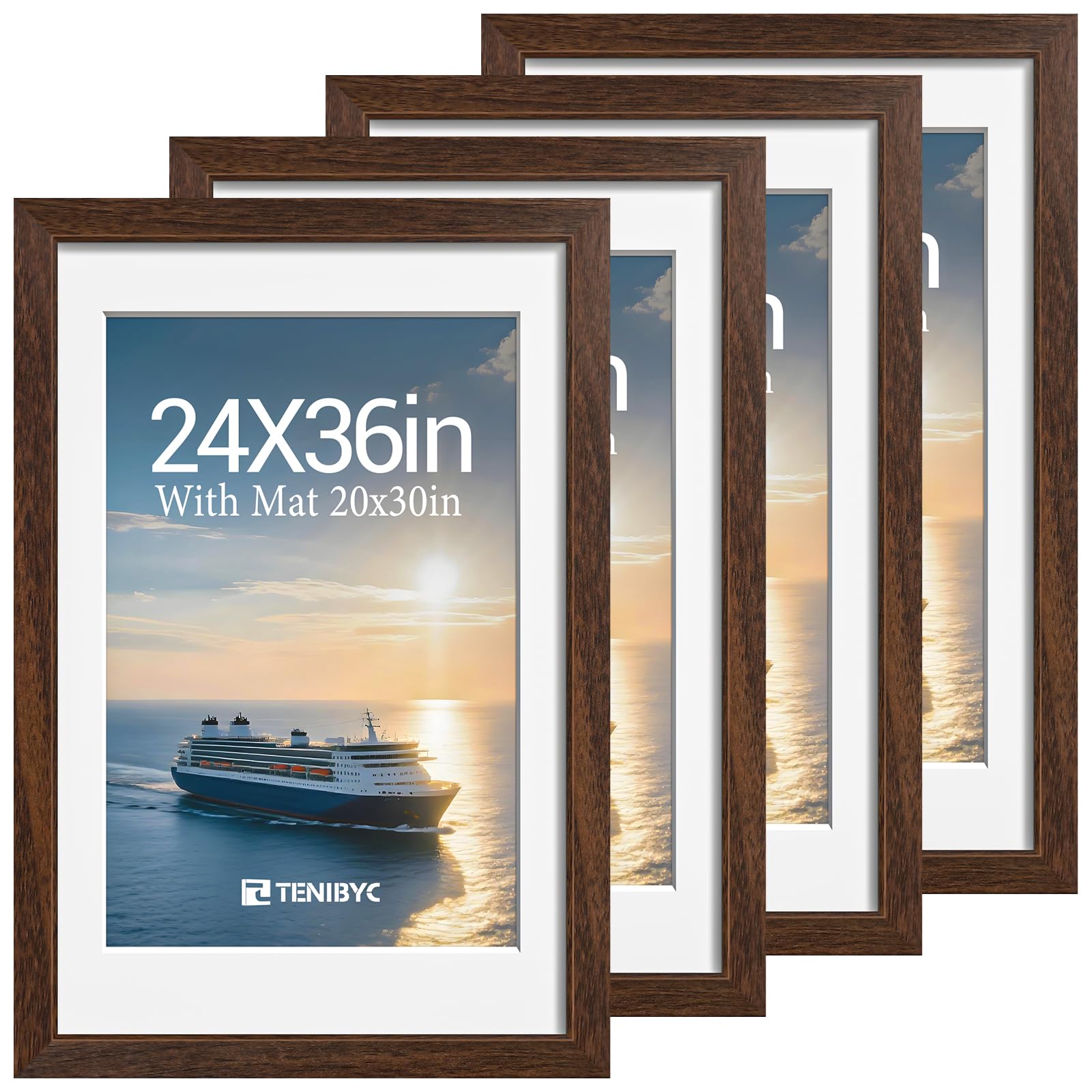 12x16 Picture Frame Set - 4 Pack, Walnut Solid Wood Photo Frames - Tempered Glass - Displays Photos 8.5x11 with Mat or 12 x 16 without - Room, Office, Gallery, Studio, and Hallway Decor - Wall Hanging