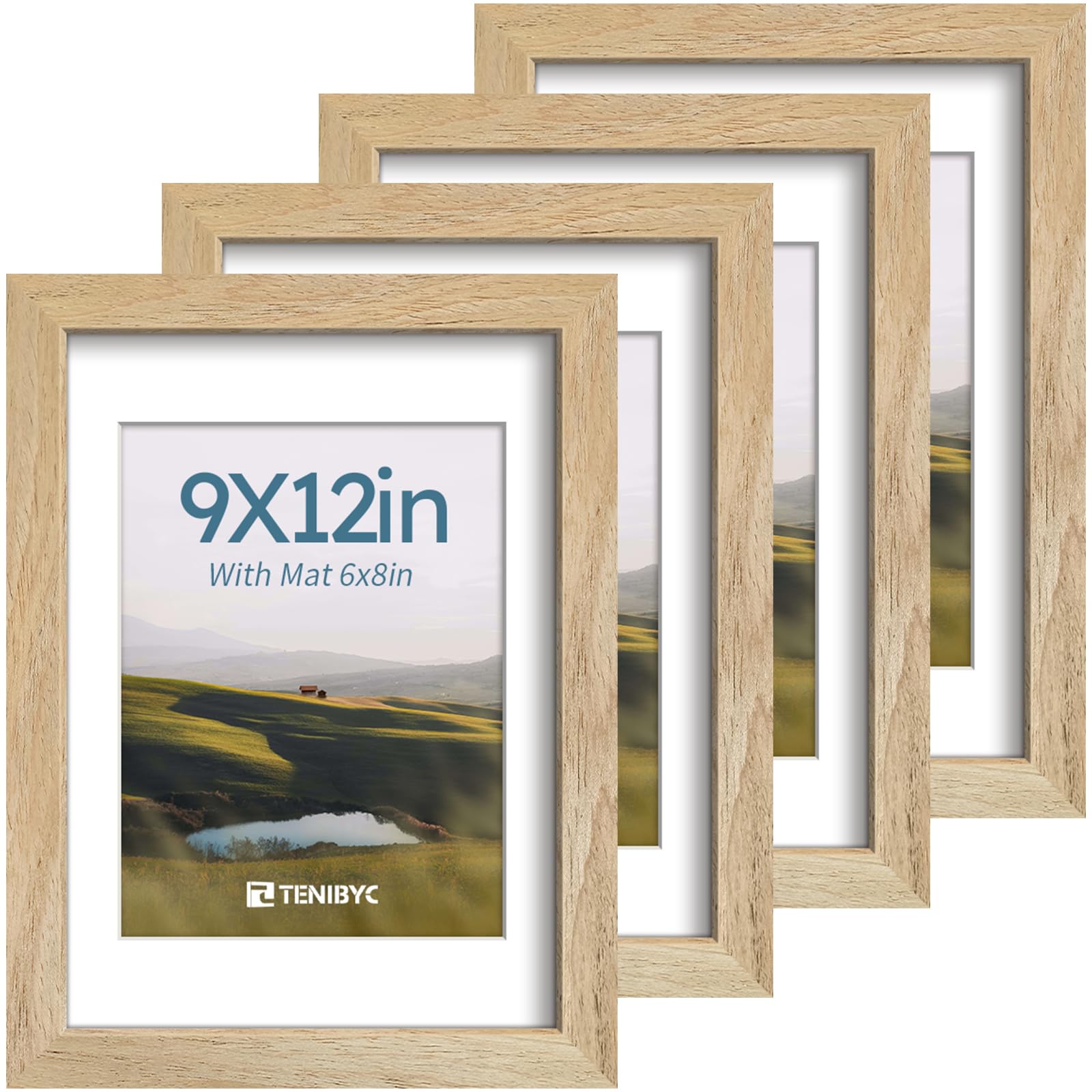 12x16 Picture Frame Set - 4 Pack, Walnut Solid Wood Photo Frames - Tempered Glass - Displays Photos 8.5x11 with Mat or 12 x 16 without - Room, Office, Gallery, Studio, and Hallway Decor - Wall Hanging
