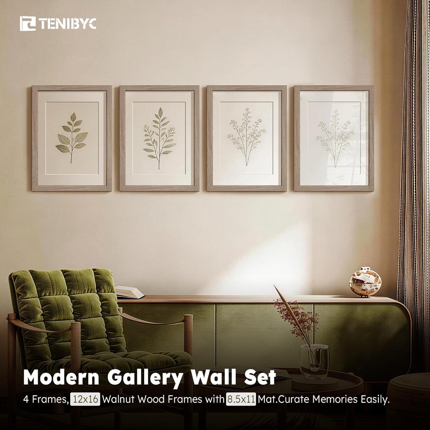 12x16 Picture Frame Set - 4 Pack, Walnut Solid Wood Photo Frames - Tempered Glass - Displays Photos 8.5x11 with Mat or 12 x 16 without - Room, Office, Gallery, Studio, and Hallway Decor - Wall Hanging