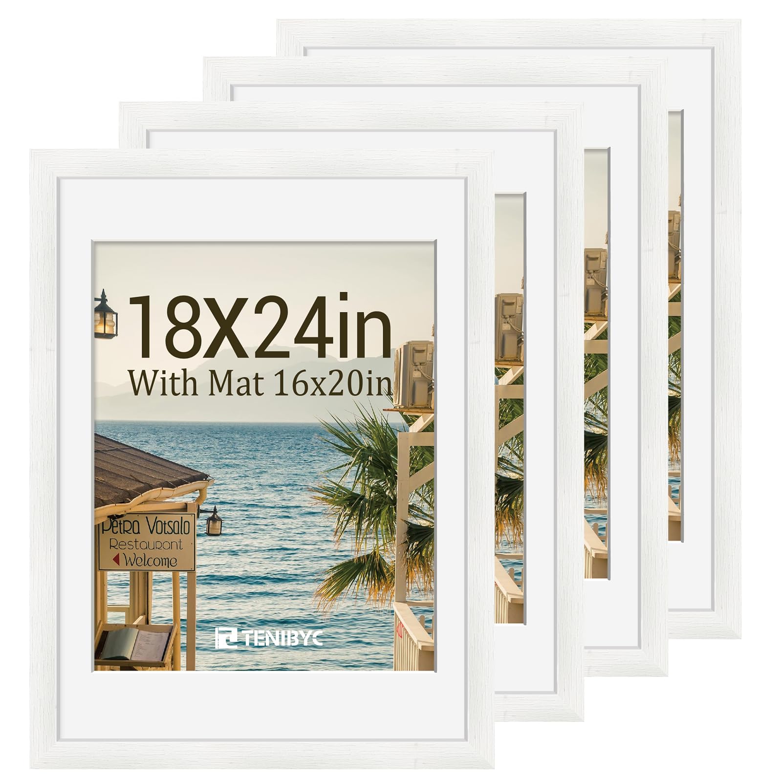 12x16 Picture Frame Set - 4 Pack, Walnut Solid Wood Photo Frames - Tempered Glass - Displays Photos 8.5x11 with Mat or 12 x 16 without - Room, Office, Gallery, Studio, and Hallway Decor - Wall Hanging