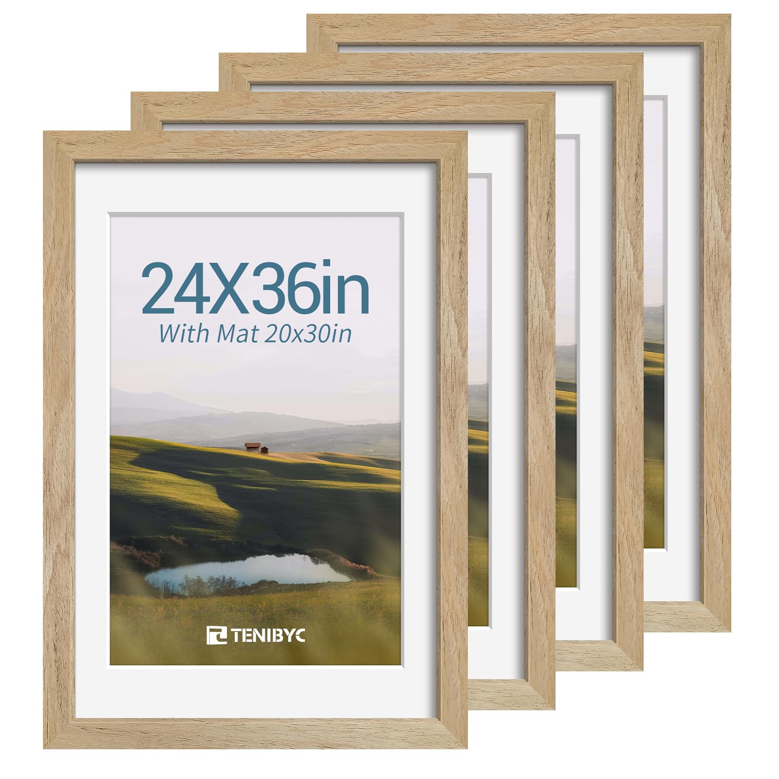 12x16 Picture Frame Set - 4 Pack, Walnut Solid Wood Photo Frames - Tempered Glass - Displays Photos 8.5x11 with Mat or 12 x 16 without - Room, Office, Gallery, Studio, and Hallway Decor - Wall Hanging
