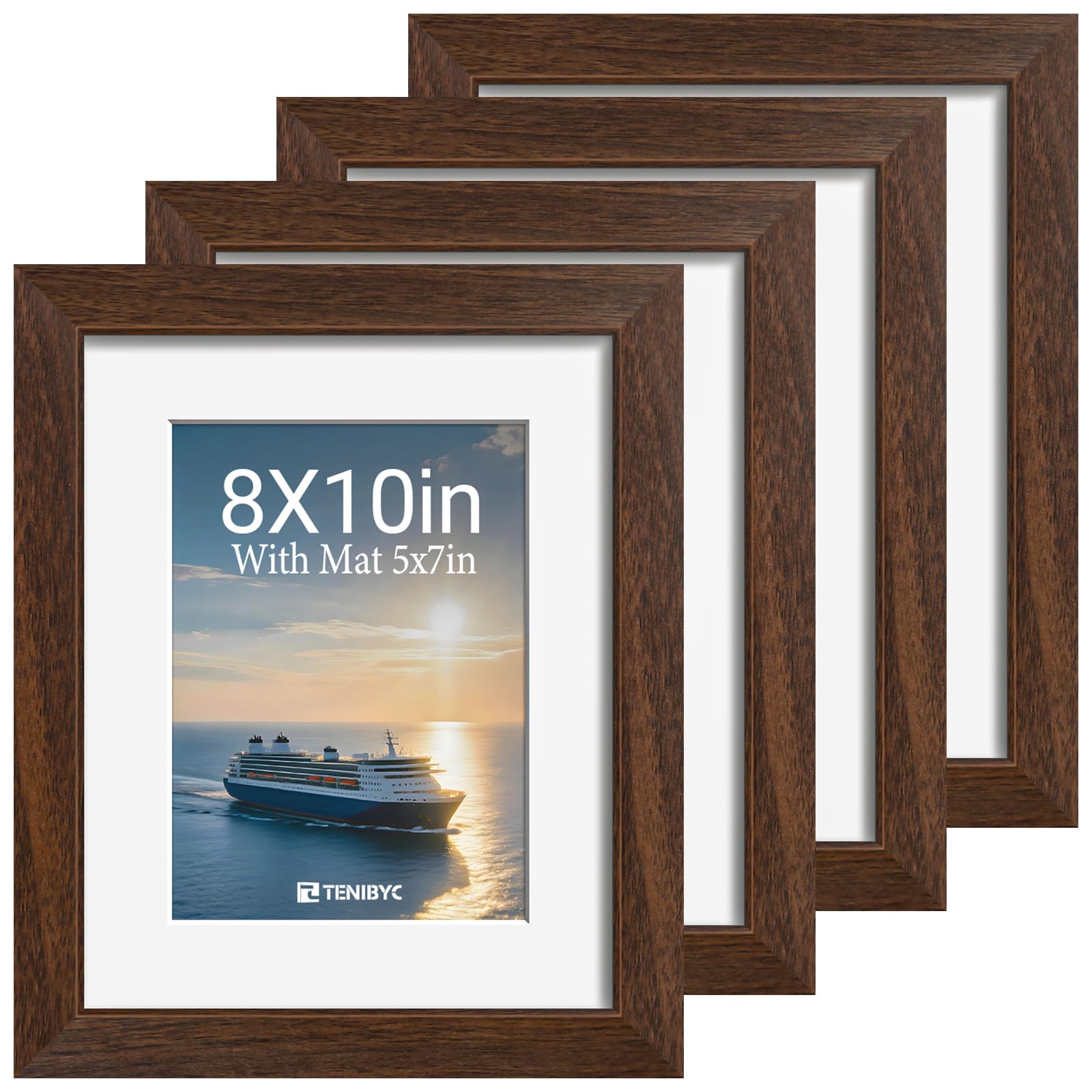 12x16 Picture Frame Set - 4 Pack, Walnut Solid Wood Photo Frames - Tempered Glass - Displays Photos 8.5x11 with Mat or 12 x 16 without - Room, Office, Gallery, Studio, and Hallway Decor - Wall Hanging