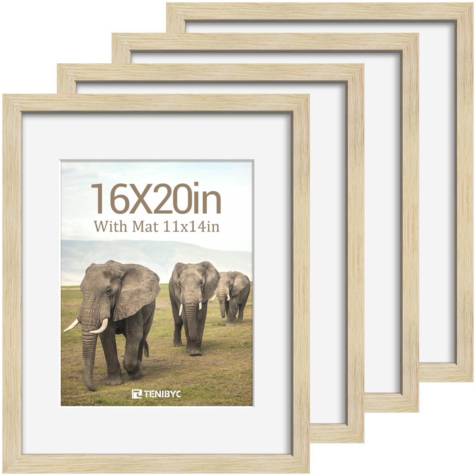 12x16 Picture Frame Set - 4 Pack, Walnut Solid Wood Photo Frames - Tempered Glass - Displays Photos 8.5x11 with Mat or 12 x 16 without - Room, Office, Gallery, Studio, and Hallway Decor - Wall Hanging