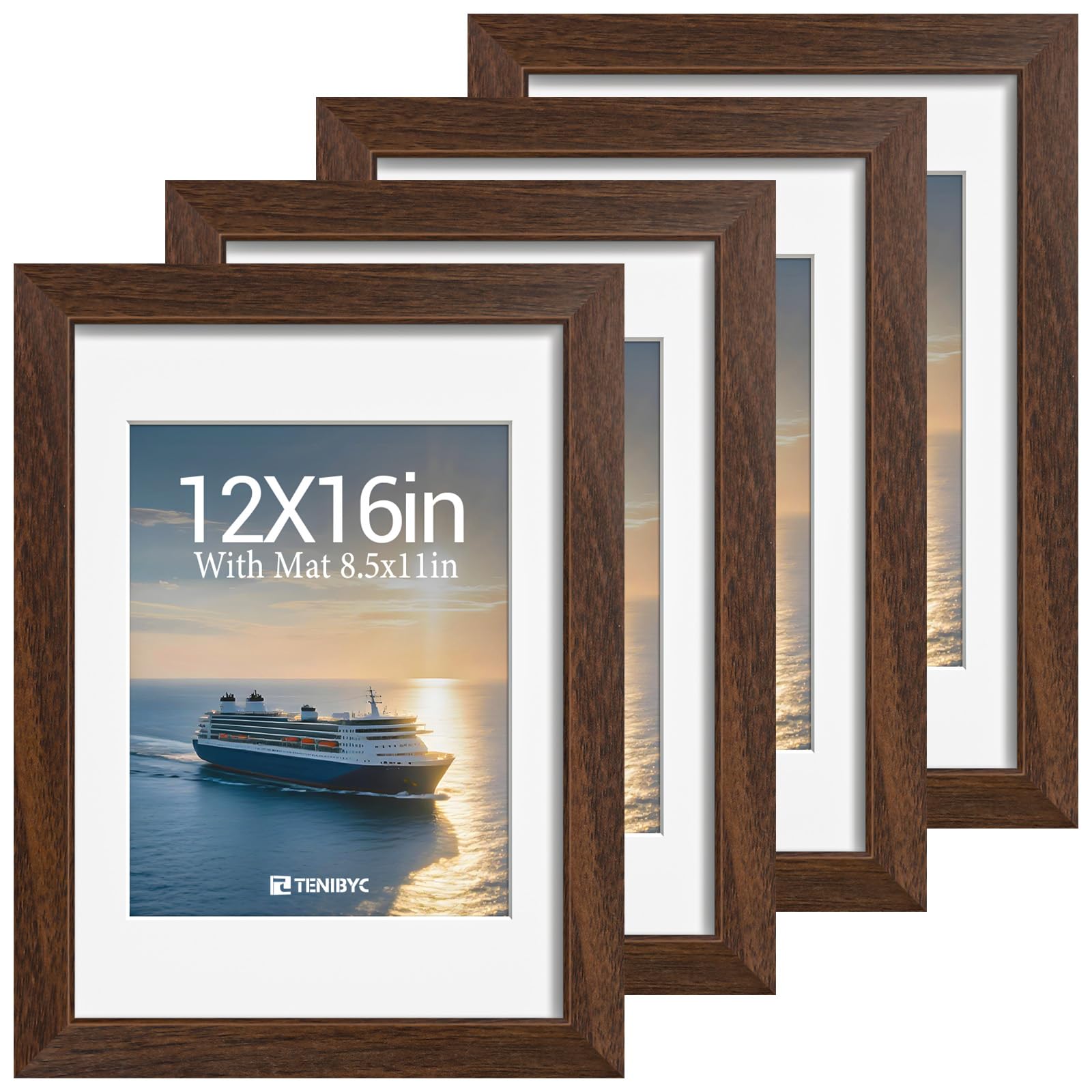 12x16 Picture Frame Set - 4 Pack, Walnut Solid Wood Photo Frames - Tempered Glass - Displays Photos 8.5x11 with Mat or 12 x 16 without - Room, Office, Gallery, Studio, and Hallway Decor - Wall Hanging