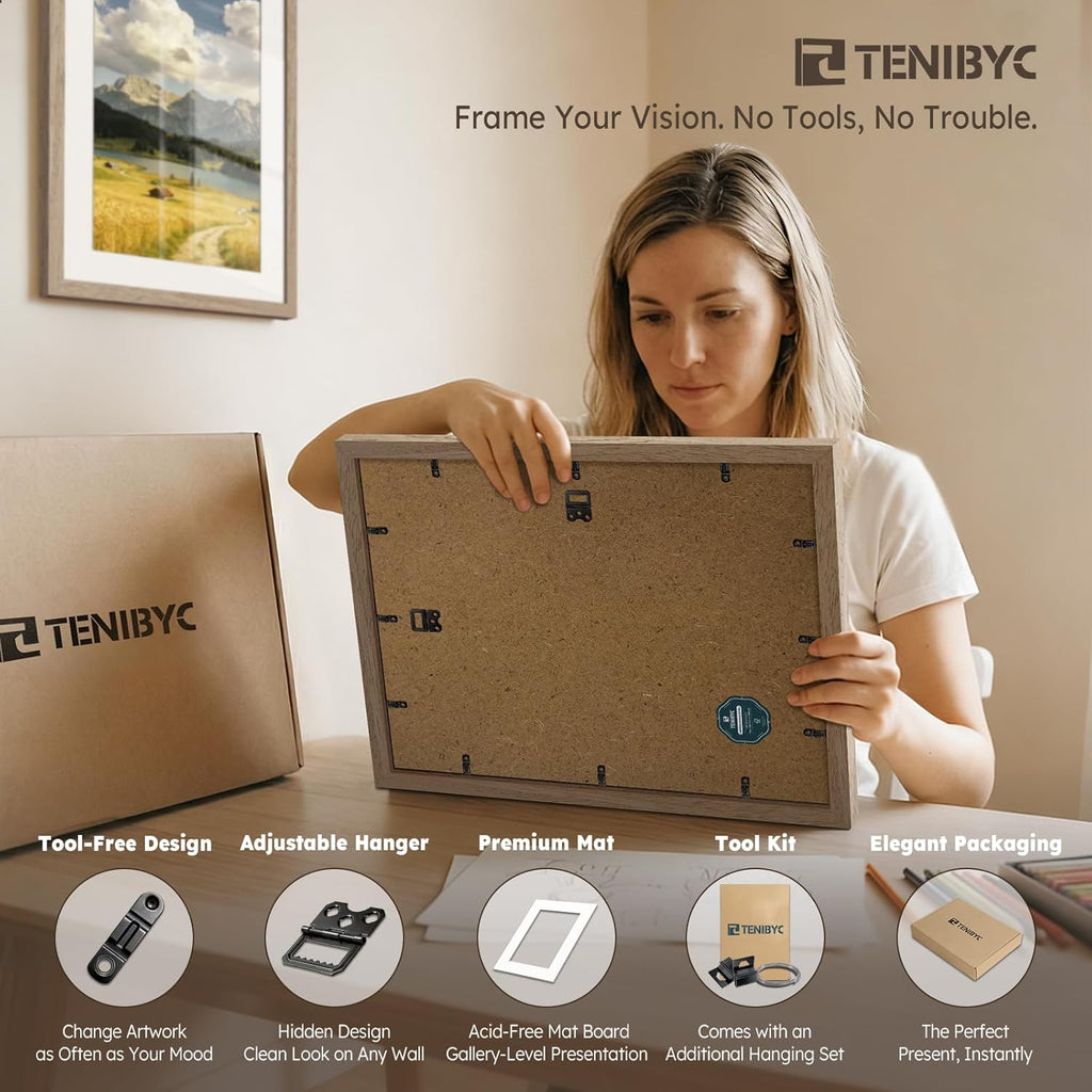 12x16 Picture Frame Set - 4 Pack, Walnut Solid Wood Photo Frames - Tempered Glass - Displays Photos 8.5x11 with Mat or 12 x 16 without - Room, Office, Gallery, Studio, and Hallway Decor - Wall Hanging