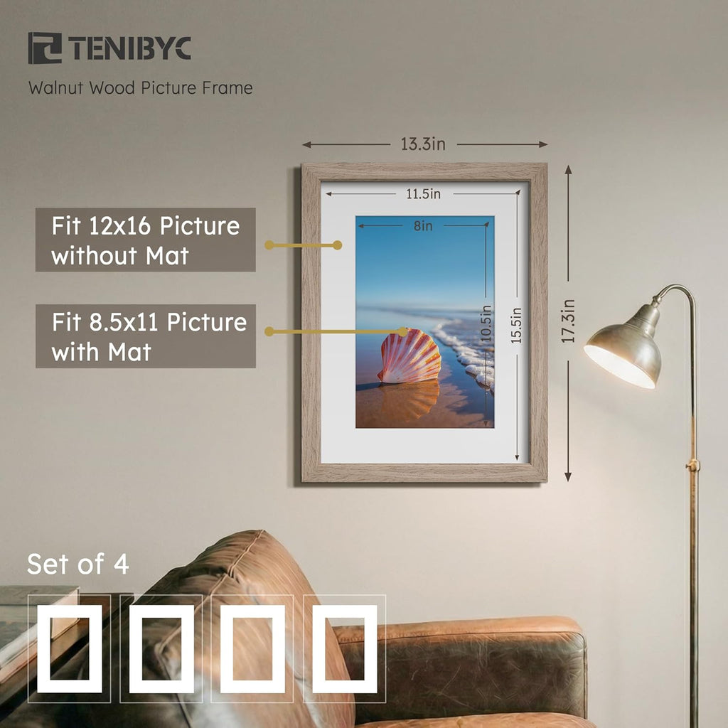 12x16 Picture Frame Set - 4 Pack, Walnut Solid Wood Photo Frames - Tempered Glass - Displays Photos 8.5x11 with Mat or 12 x 16 without - Room, Office, Gallery, Studio, and Hallway Decor - Wall Hanging