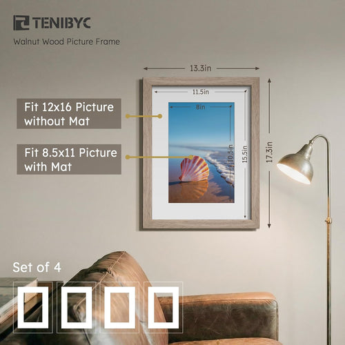12x16 Picture Frame Set - 4 Pack, Walnut Solid Wood Photo Frames - Tempered Glass - Displays Photos 8.5x11 with Mat or 12 x 16 without - Room, Office, Gallery, Studio, and Hallway Decor - Wall Hanging