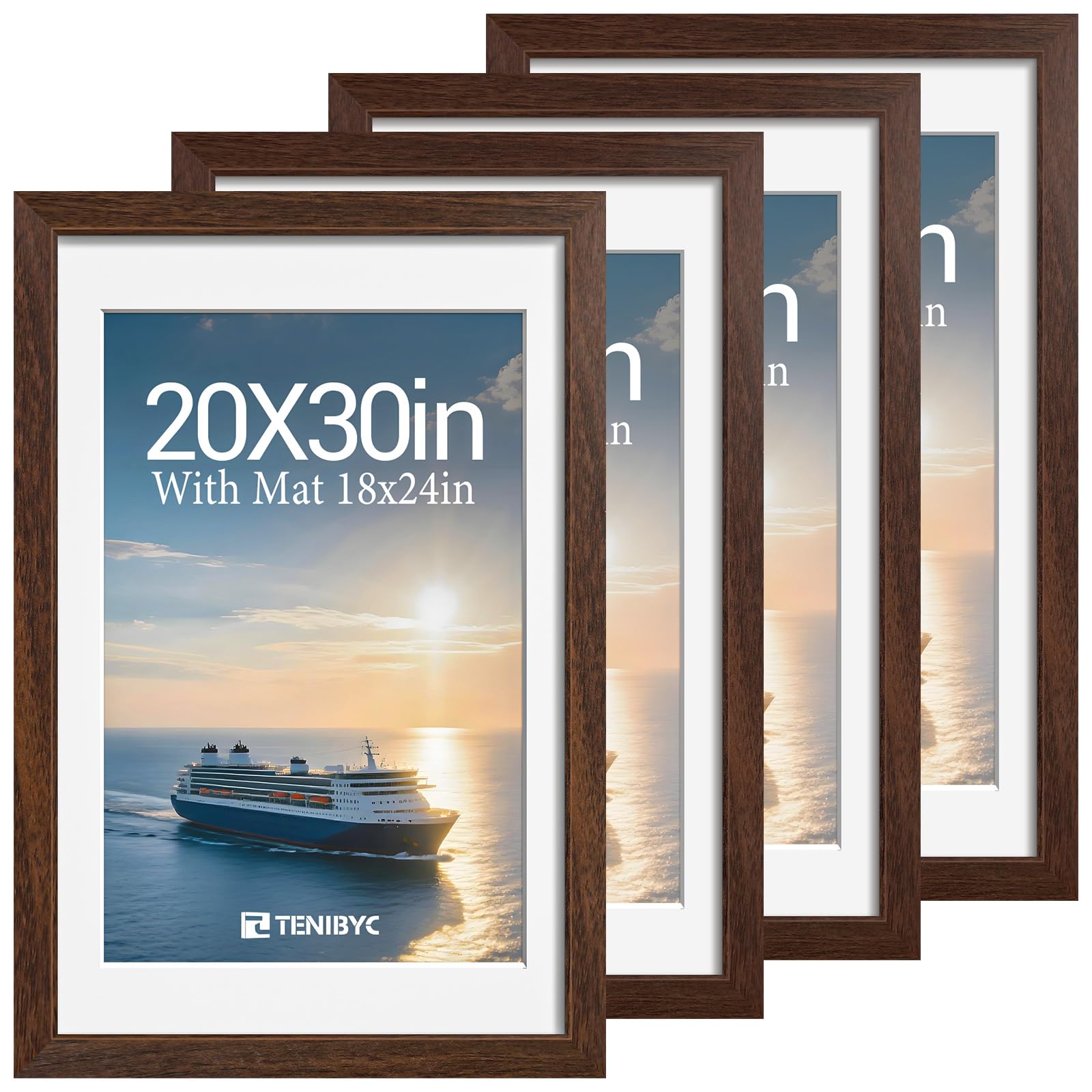 12x16 Picture Frame Set - 4 Pack, Walnut Solid Wood Photo Frames - Tempered Glass - Displays Photos 8.5x11 with Mat or 12 x 16 without - Room, Office, Gallery, Studio, and Hallway Decor - Wall Hanging