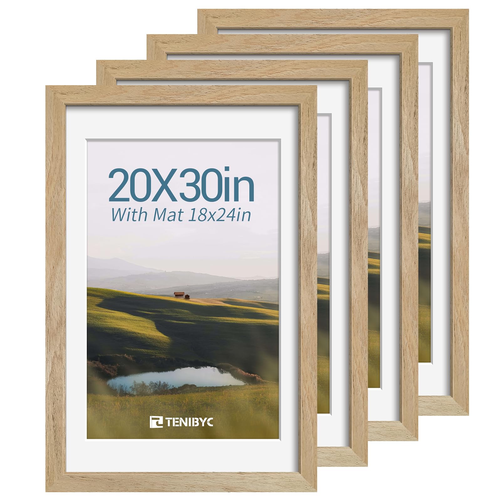 12x16 Picture Frame Set - 4 Pack, Walnut Solid Wood Photo Frames - Tempered Glass - Displays Photos 8.5x11 with Mat or 12 x 16 without - Room, Office, Gallery, Studio, and Hallway Decor - Wall Hanging