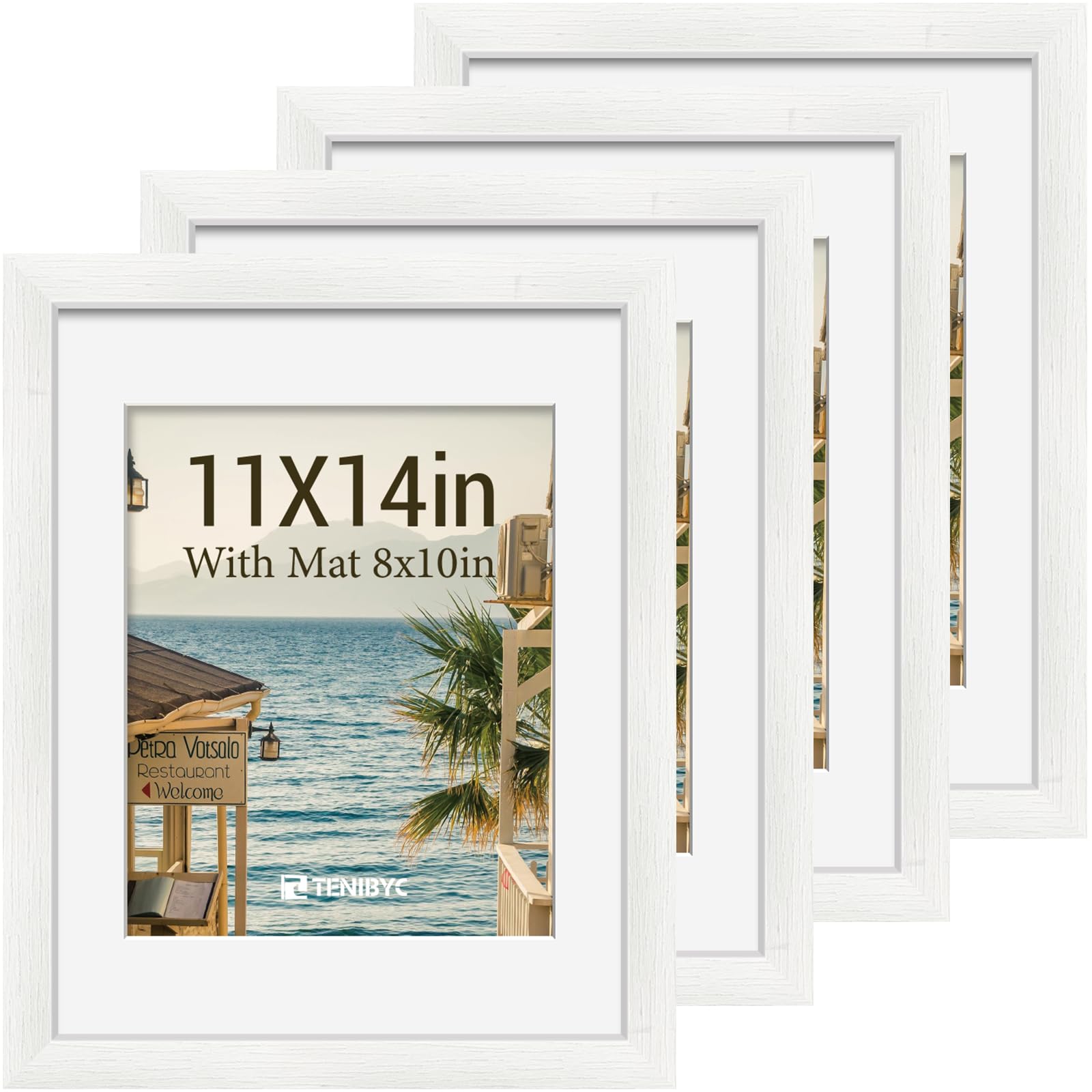 12x16 Picture Frame Set - 4 Pack, Walnut Solid Wood Photo Frames - Tempered Glass - Displays Photos 8.5x11 with Mat or 12 x 16 without - Room, Office, Gallery, Studio, and Hallway Decor - Wall Hanging