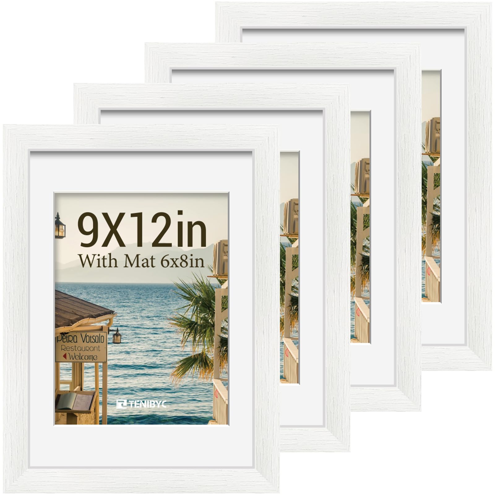 12x16 Picture Frame Set - 4 Pack, Walnut Solid Wood Photo Frames - Tempered Glass - Displays Photos 8.5x11 with Mat or 12 x 16 without - Room, Office, Gallery, Studio, and Hallway Decor - Wall Hanging