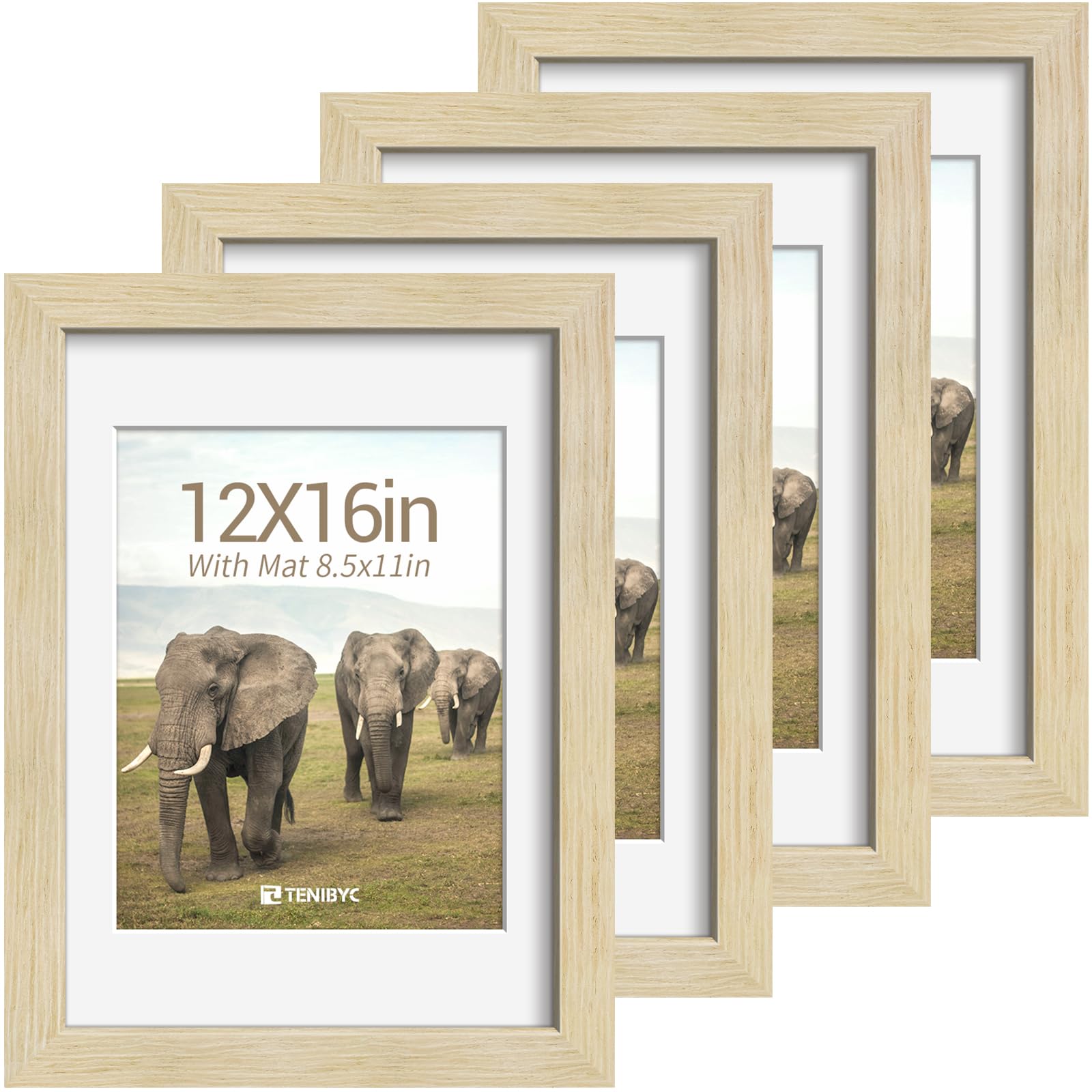 12x16 Picture Frame Set - 4 Pack, Walnut Solid Wood Photo Frames - Tempered Glass - Displays Photos 8.5x11 with Mat or 12 x 16 without - Room, Office, Gallery, Studio, and Hallway Decor - Wall Hanging