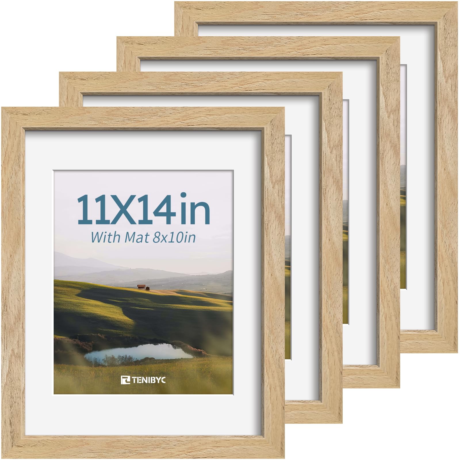 12x16 Picture Frame Set - 4 Pack, Walnut Solid Wood Photo Frames - Tempered Glass - Displays Photos 8.5x11 with Mat or 12 x 16 without - Room, Office, Gallery, Studio, and Hallway Decor - Wall Hanging