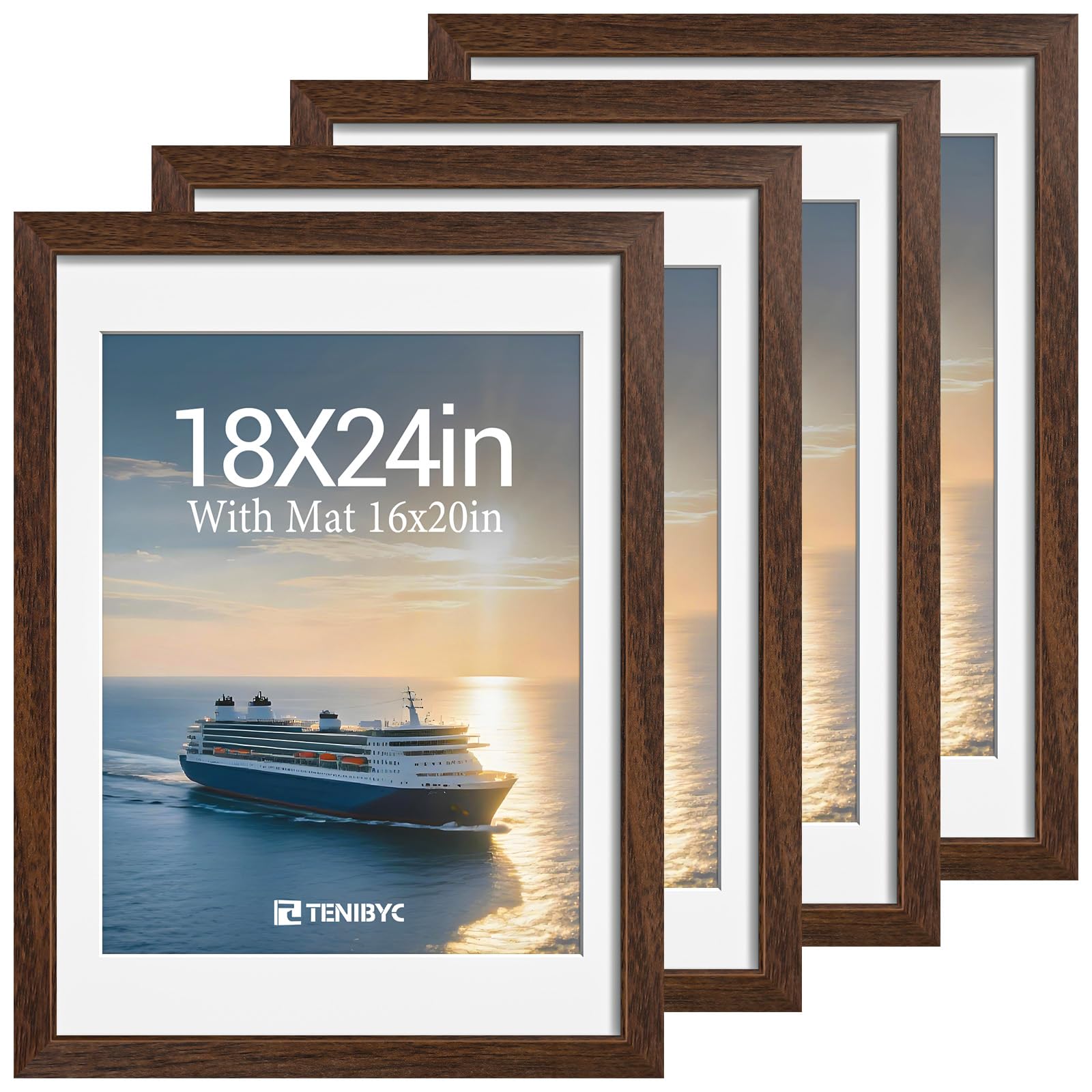 12x16 Picture Frame Set - 4 Pack, Walnut Solid Wood Photo Frames - Tempered Glass - Displays Photos 8.5x11 with Mat or 12 x 16 without - Room, Office, Gallery, Studio, and Hallway Decor - Wall Hanging