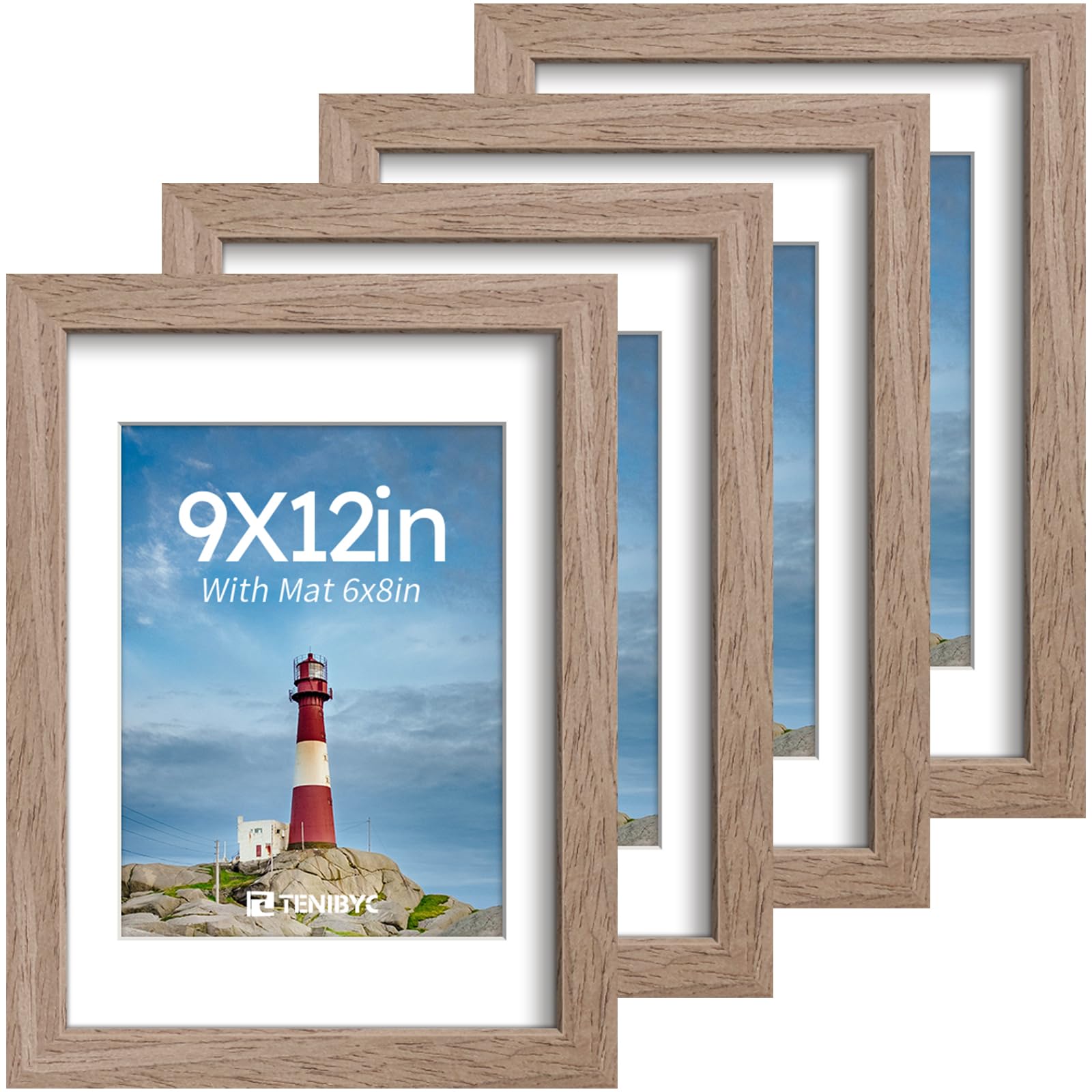 12x16 Picture Frame Set - 4 Pack, Walnut Solid Wood Photo Frames - Tempered Glass - Displays Photos 8.5x11 with Mat or 12 x 16 without - Room, Office, Gallery, Studio, and Hallway Decor - Wall Hanging