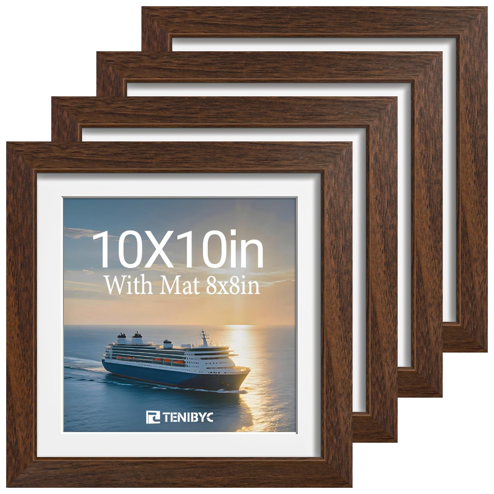 12x16 Picture Frame Set - 4 Pack, Walnut Solid Wood Photo Frames - Tempered Glass - Displays Photos 8.5x11 with Mat or 12 x 16 without - Room, Office, Gallery, Studio, and Hallway Decor - Wall Hanging