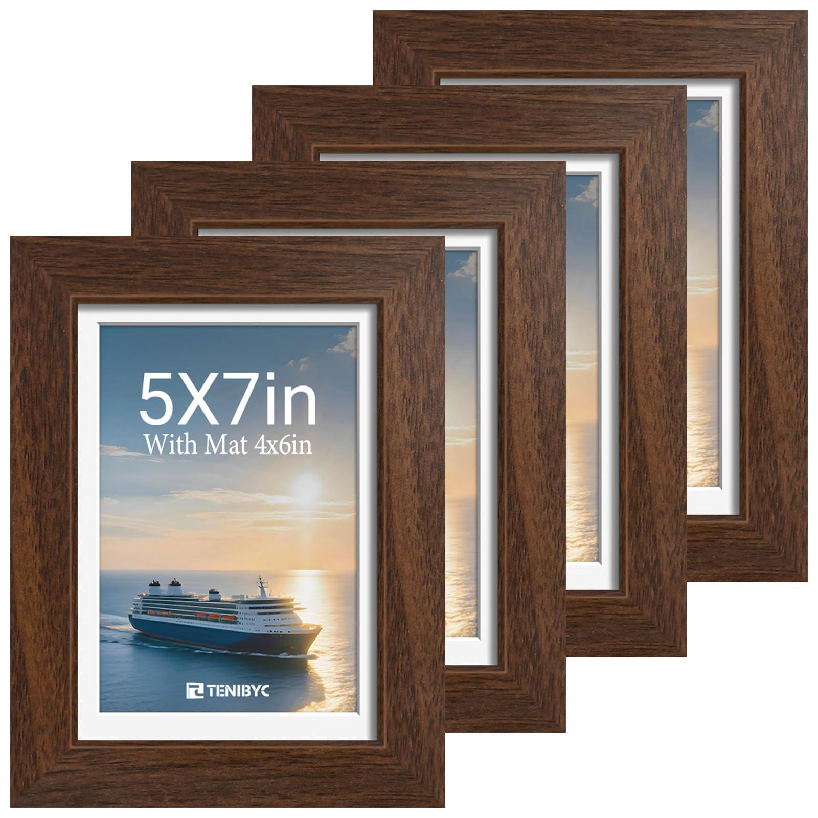 12x16 Picture Frame Set - 4 Pack, Walnut Solid Wood Photo Frames - Tempered Glass - Displays Photos 8.5x11 with Mat or 12 x 16 without - Room, Office, Gallery, Studio, and Hallway Decor - Wall Hanging