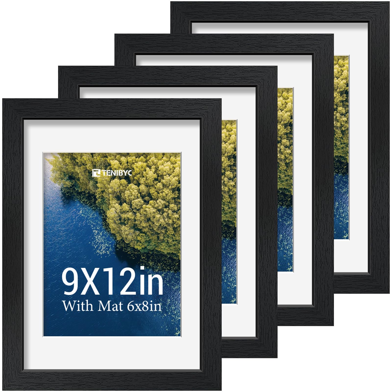 12x16 Picture Frame Set - 4 Pack, Walnut Solid Wood Photo Frames - Tempered Glass - Displays Photos 8.5x11 with Mat or 12 x 16 without - Room, Office, Gallery, Studio, and Hallway Decor - Wall Hanging