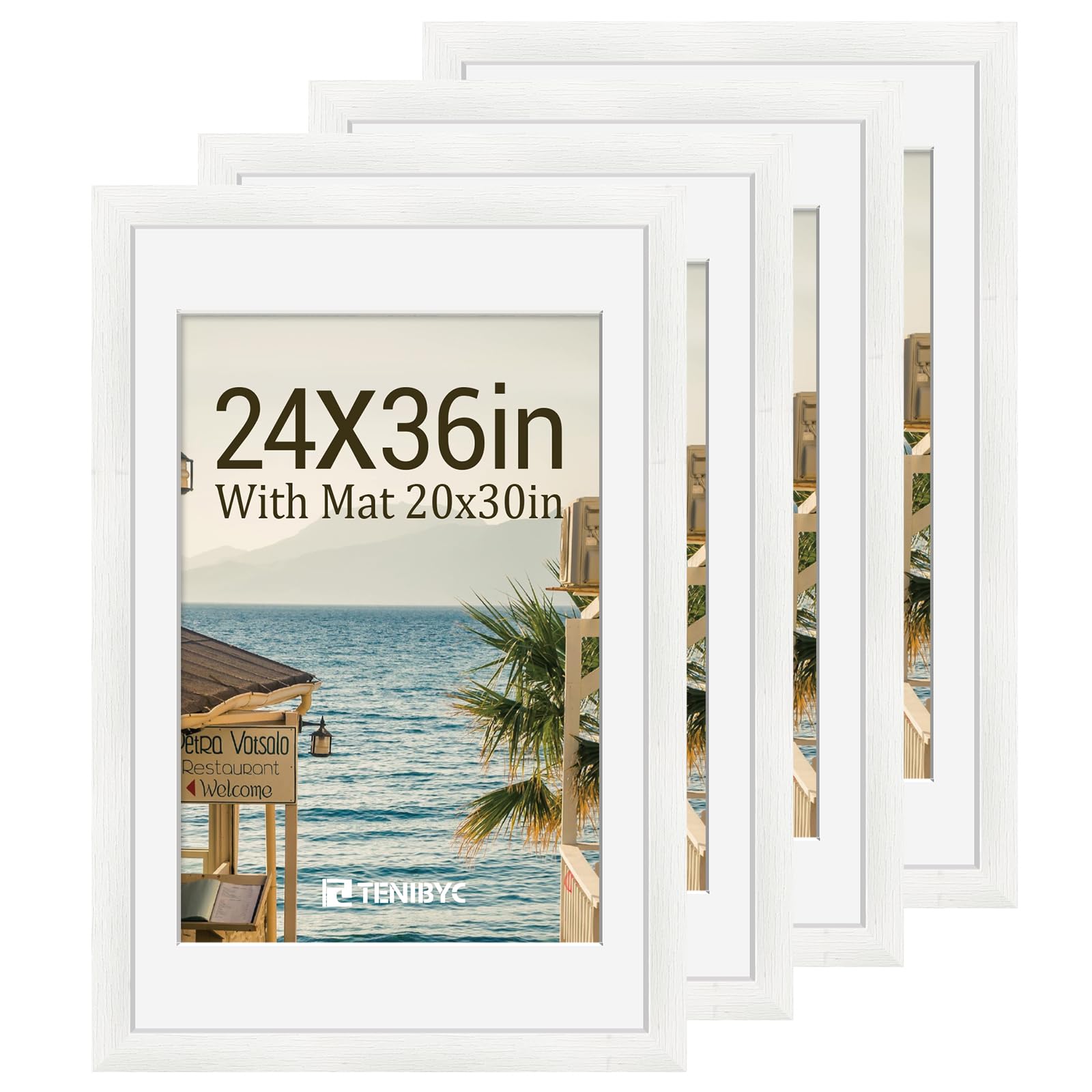 12x16 Picture Frame Set - 4 Pack, Walnut Solid Wood Photo Frames - Tempered Glass - Displays Photos 8.5x11 with Mat or 12 x 16 without - Room, Office, Gallery, Studio, and Hallway Decor - Wall Hanging