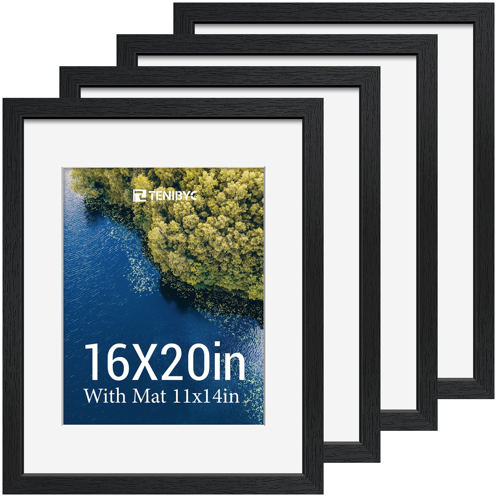 12x16 Picture Frame Set - 4 Pack, Walnut Solid Wood Photo Frames - Tempered Glass - Displays Photos 8.5x11 with Mat or 12 x 16 without - Room, Office, Gallery, Studio, and Hallway Decor - Wall Hanging