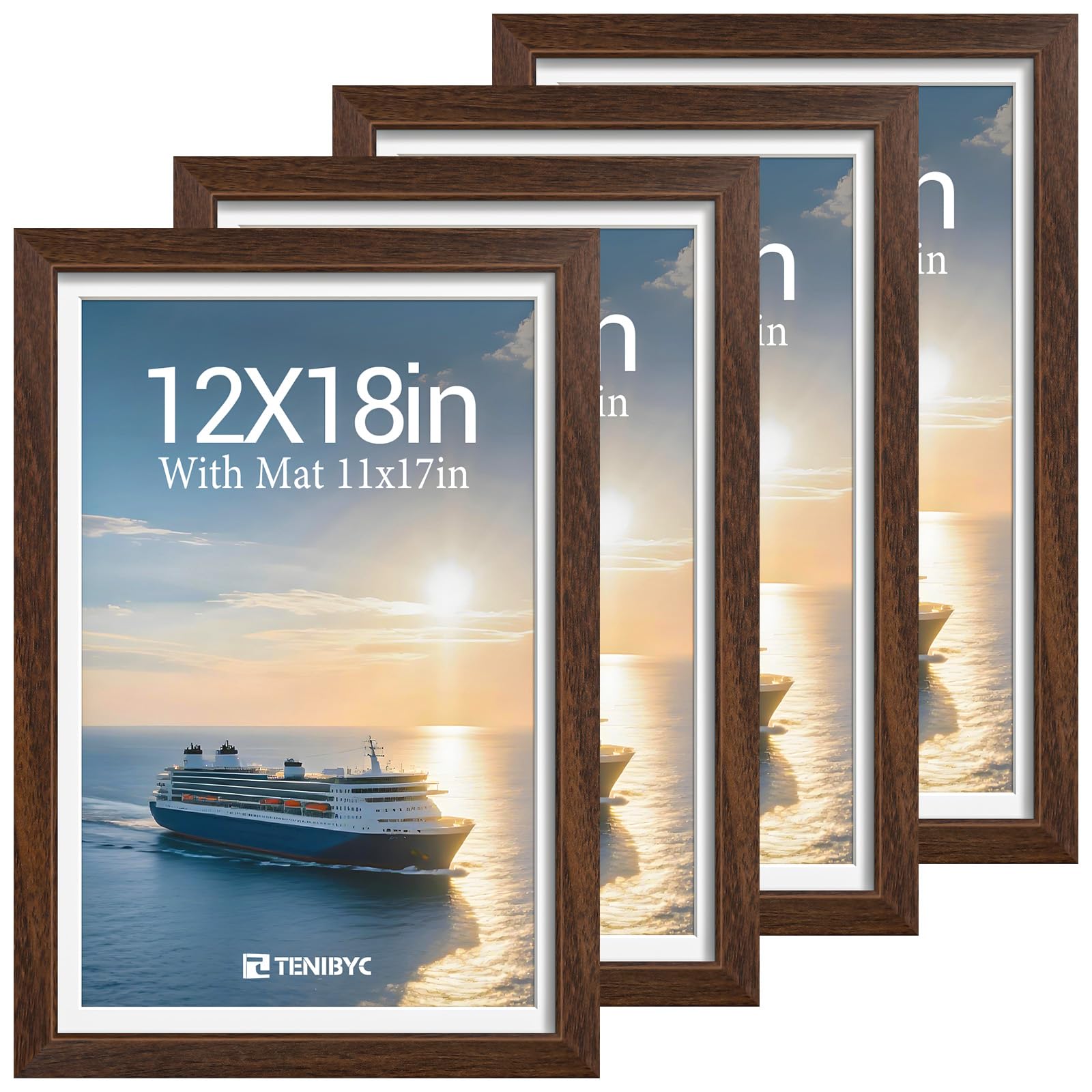 12x16 Picture Frame Set - 4 Pack, Walnut Solid Wood Photo Frames - Tempered Glass - Displays Photos 8.5x11 with Mat or 12 x 16 without - Room, Office, Gallery, Studio, and Hallway Decor - Wall Hanging