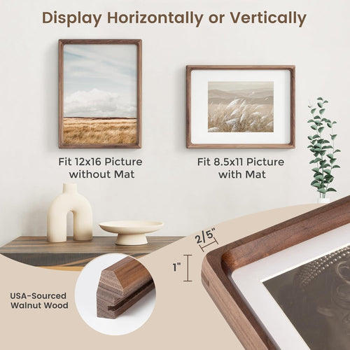 12x16 Picture Frame, USA-Sourced Walnut Wood Photo Frames with HD Tempered Glass, Handcrafted Rounded Corner 12 x 16 Wooden Frames Matted to 8.5x11 Photos, Horizontal or Vertical Wall Display