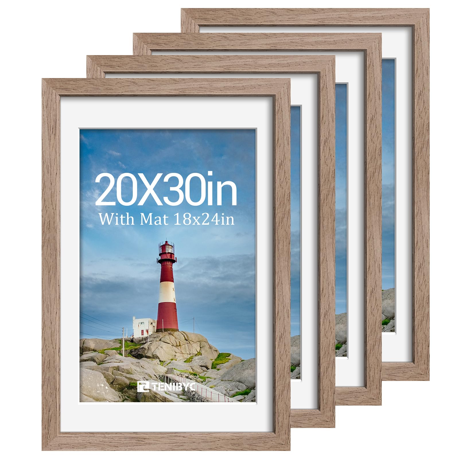 12x16 Picture Frame Set - 4 Pack, Walnut Solid Wood Photo Frames - Tempered Glass - Displays Photos 8.5x11 with Mat or 12 x 16 without - Room, Office, Gallery, Studio, and Hallway Decor - Wall Hanging