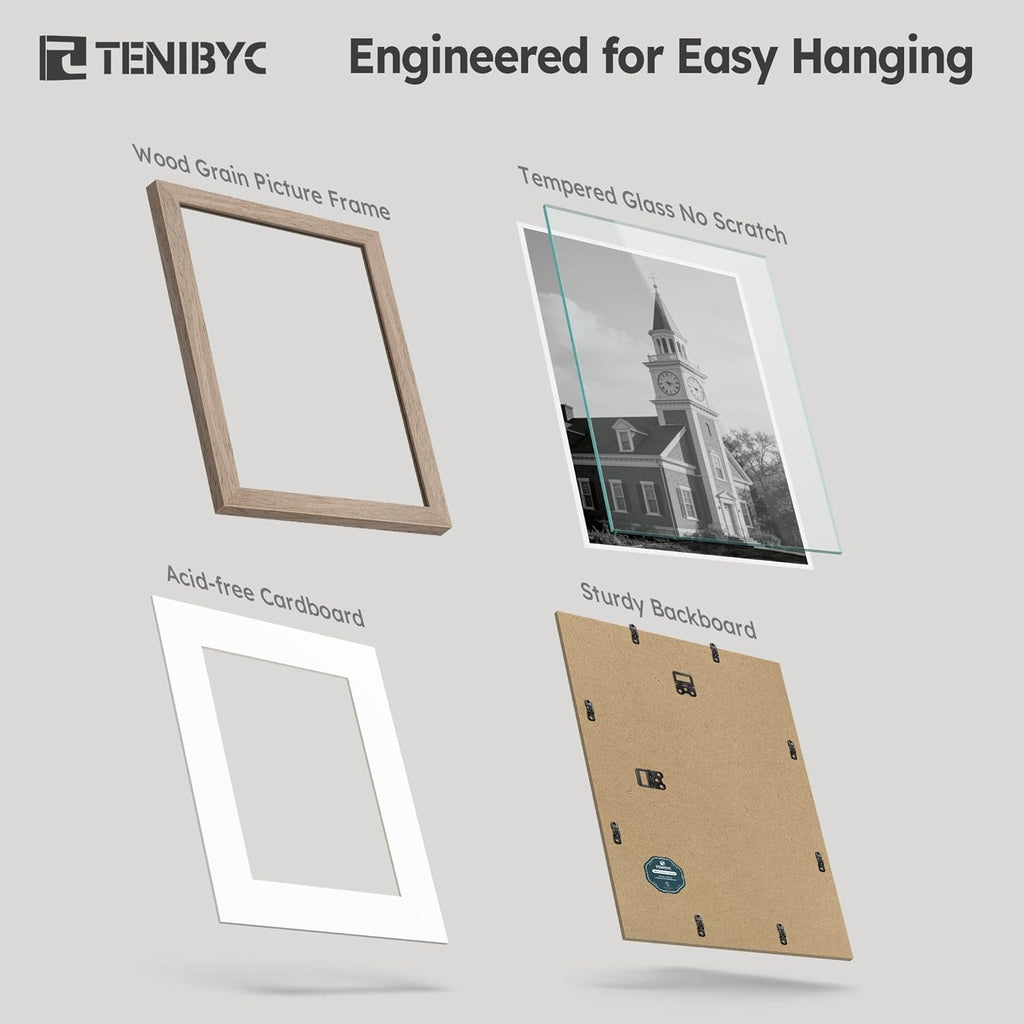 12x16 Picture Frame Set - 4 Pack, Walnut Solid Wood Photo Frames - Tempered Glass - Displays Photos 8.5x11 with Mat or 12 x 16 without - Room, Office, Gallery, Studio, and Hallway Decor - Wall Hanging