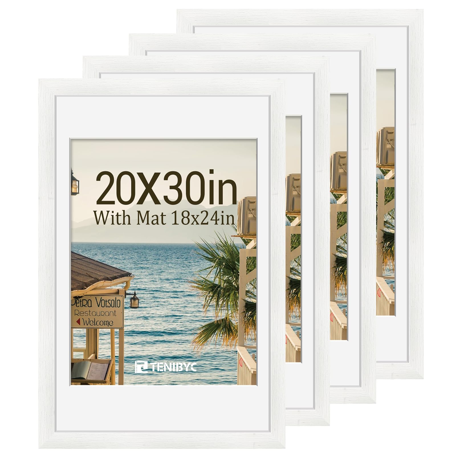12x16 Picture Frame Set - 4 Pack, Walnut Solid Wood Photo Frames - Tempered Glass - Displays Photos 8.5x11 with Mat or 12 x 16 without - Room, Office, Gallery, Studio, and Hallway Decor - Wall Hanging
