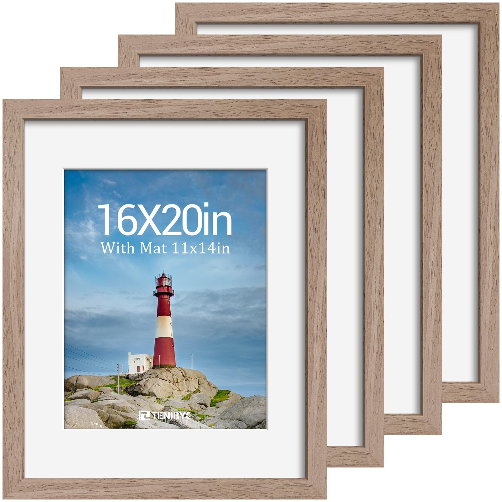 12x16 Picture Frame Set - 4 Pack, Walnut Solid Wood Photo Frames - Tempered Glass - Displays Photos 8.5x11 with Mat or 12 x 16 without - Room, Office, Gallery, Studio, and Hallway Decor - Wall Hanging