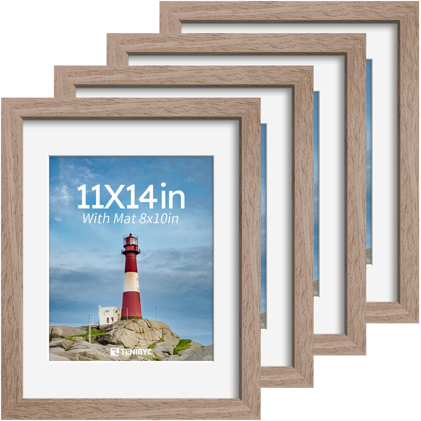 12x16 Picture Frame Set - 4 Pack, Walnut Solid Wood Photo Frames - Tempered Glass - Displays Photos 8.5x11 with Mat or 12 x 16 without - Room, Office, Gallery, Studio, and Hallway Decor - Wall Hanging