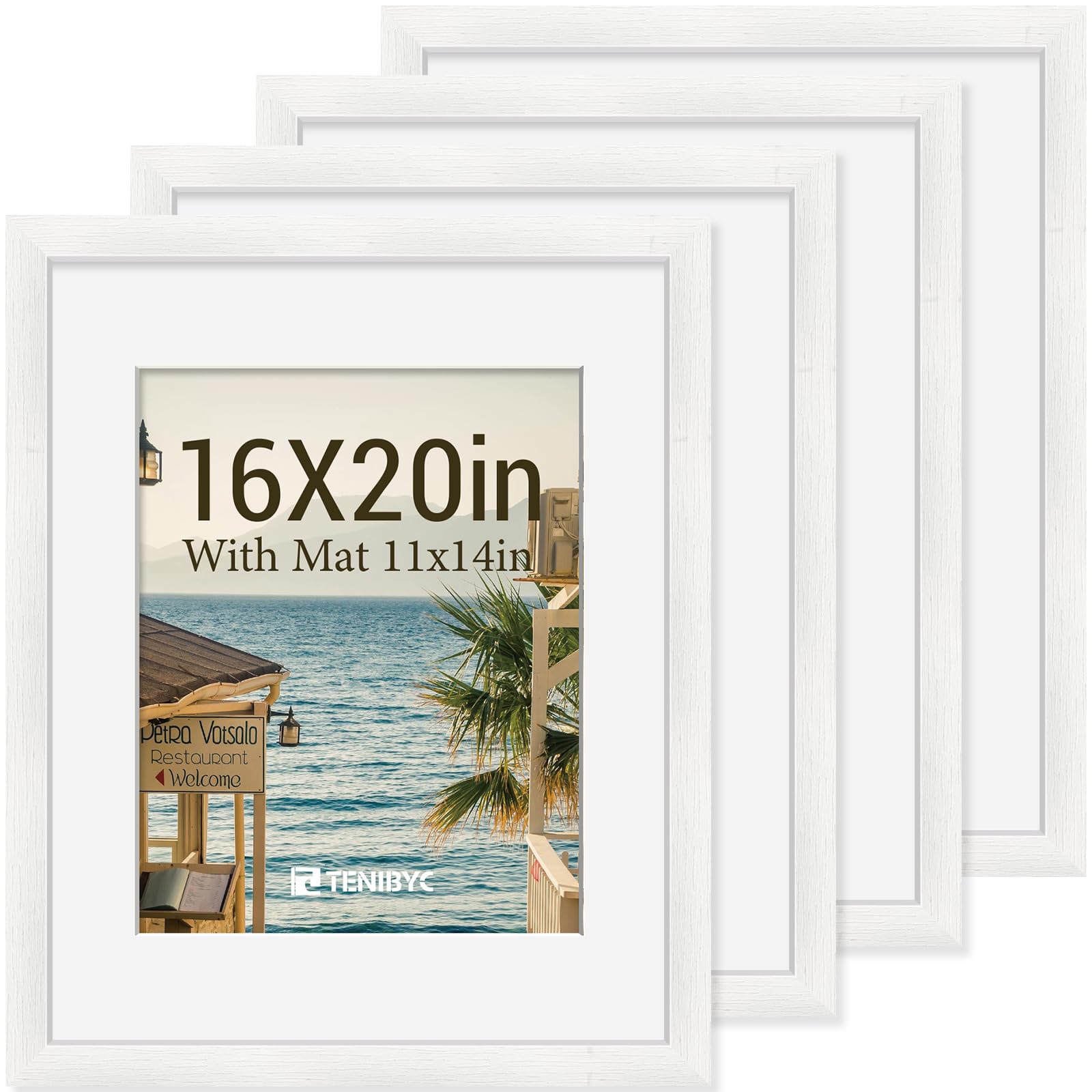 12x16 Picture Frame Set - 4 Pack, Walnut Solid Wood Photo Frames - Tempered Glass - Displays Photos 8.5x11 with Mat or 12 x 16 without - Room, Office, Gallery, Studio, and Hallway Decor - Wall Hanging