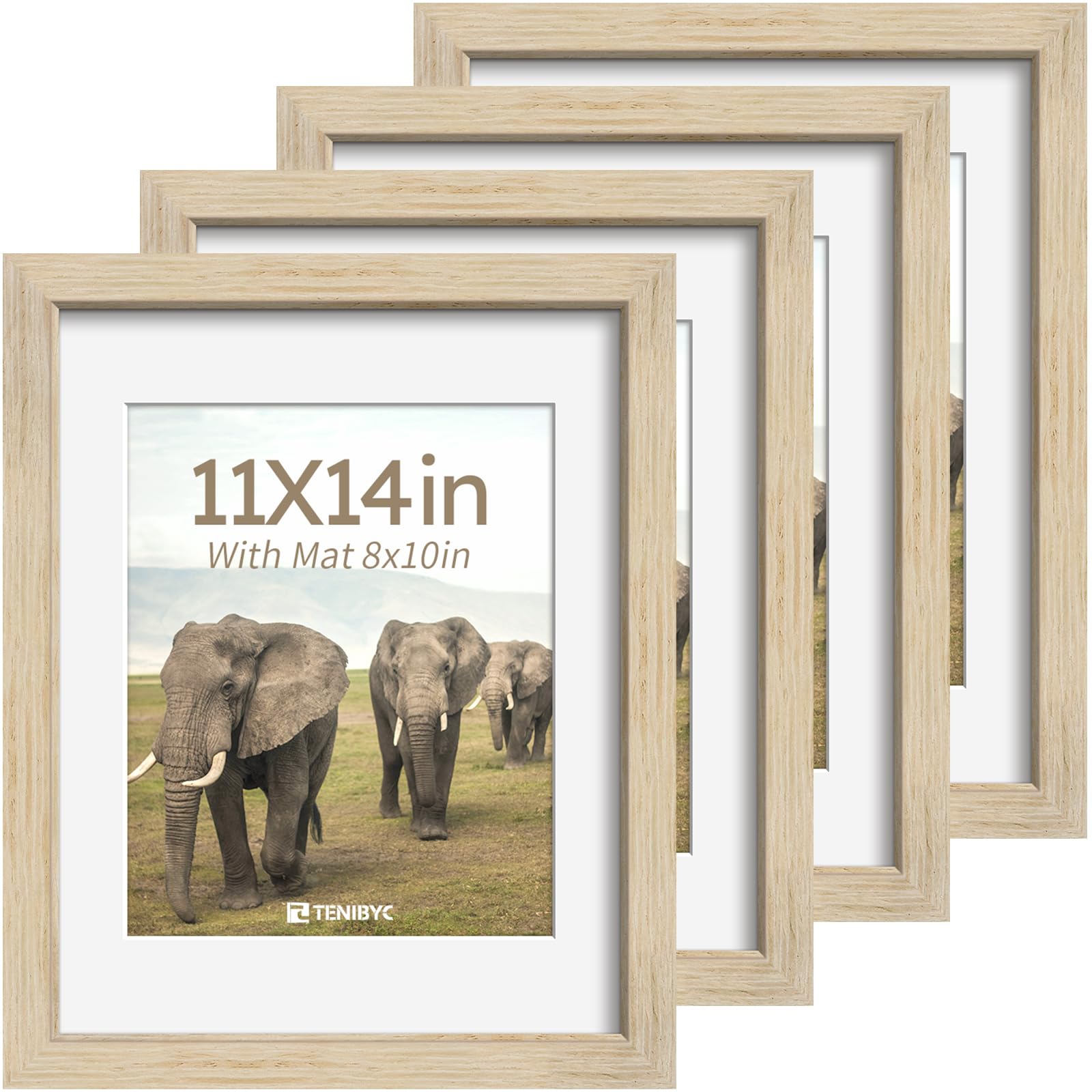 12x16 Picture Frame Set - 4 Pack, Walnut Solid Wood Photo Frames - Tempered Glass - Displays Photos 8.5x11 with Mat or 12 x 16 without - Room, Office, Gallery, Studio, and Hallway Decor - Wall Hanging