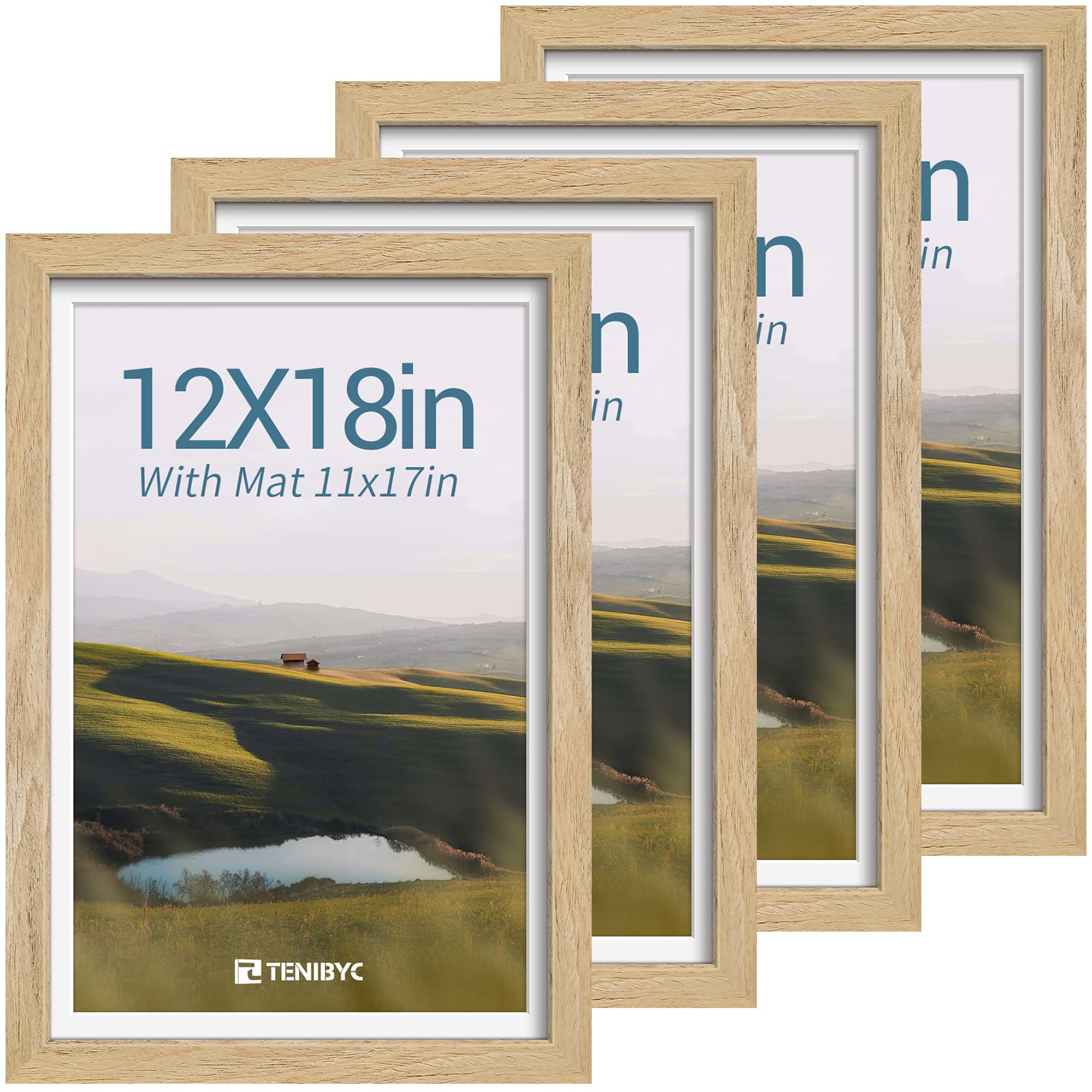 12x16 Picture Frame Set - 4 Pack, Walnut Solid Wood Photo Frames - Tempered Glass - Displays Photos 8.5x11 with Mat or 12 x 16 without - Room, Office, Gallery, Studio, and Hallway Decor - Wall Hanging