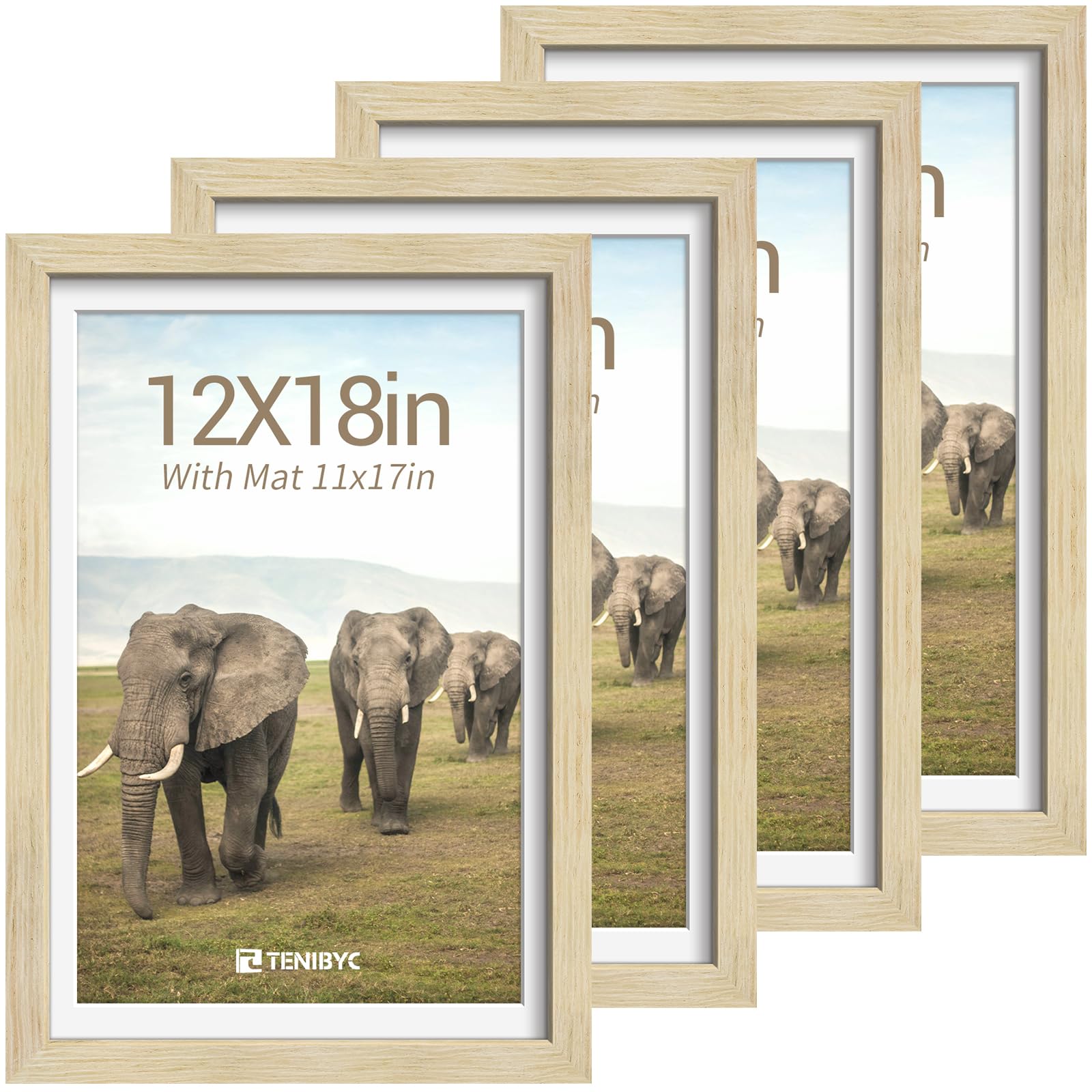 12x16 Picture Frame Set - 4 Pack, Walnut Solid Wood Photo Frames - Tempered Glass - Displays Photos 8.5x11 with Mat or 12 x 16 without - Room, Office, Gallery, Studio, and Hallway Decor - Wall Hanging