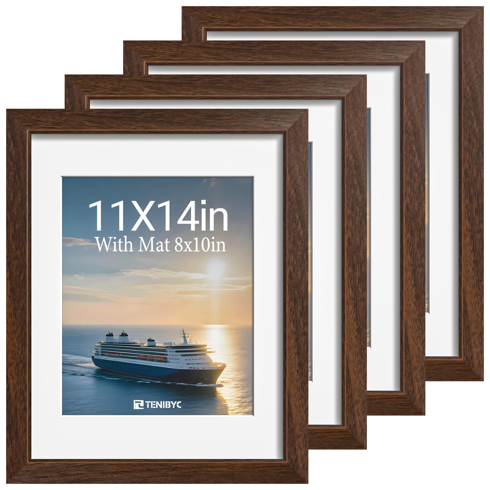 12x16 Picture Frame Set - 4 Pack, Walnut Solid Wood Photo Frames - Tempered Glass - Displays Photos 8.5x11 with Mat or 12 x 16 without - Room, Office, Gallery, Studio, and Hallway Decor - Wall Hanging