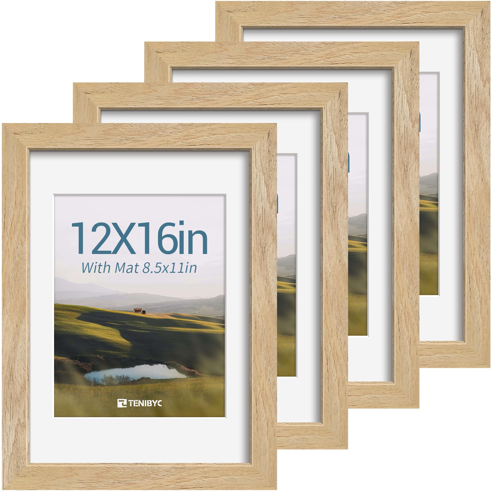 12x16 Picture Frame Set - 4 Pack, Walnut Solid Wood Photo Frames - Tempered Glass - Displays Photos 8.5x11 with Mat or 12 x 16 without - Room, Office, Gallery, Studio, and Hallway Decor - Wall Hanging