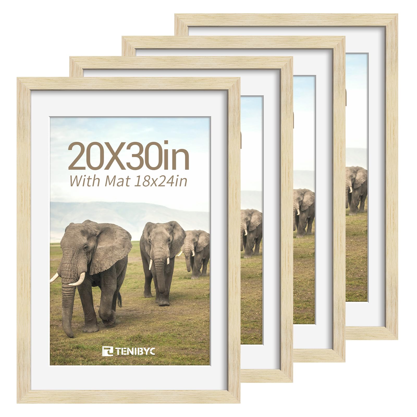 12x16 Picture Frame Set - 4 Pack, Walnut Solid Wood Photo Frames - Tempered Glass - Displays Photos 8.5x11 with Mat or 12 x 16 without - Room, Office, Gallery, Studio, and Hallway Decor - Wall Hanging
