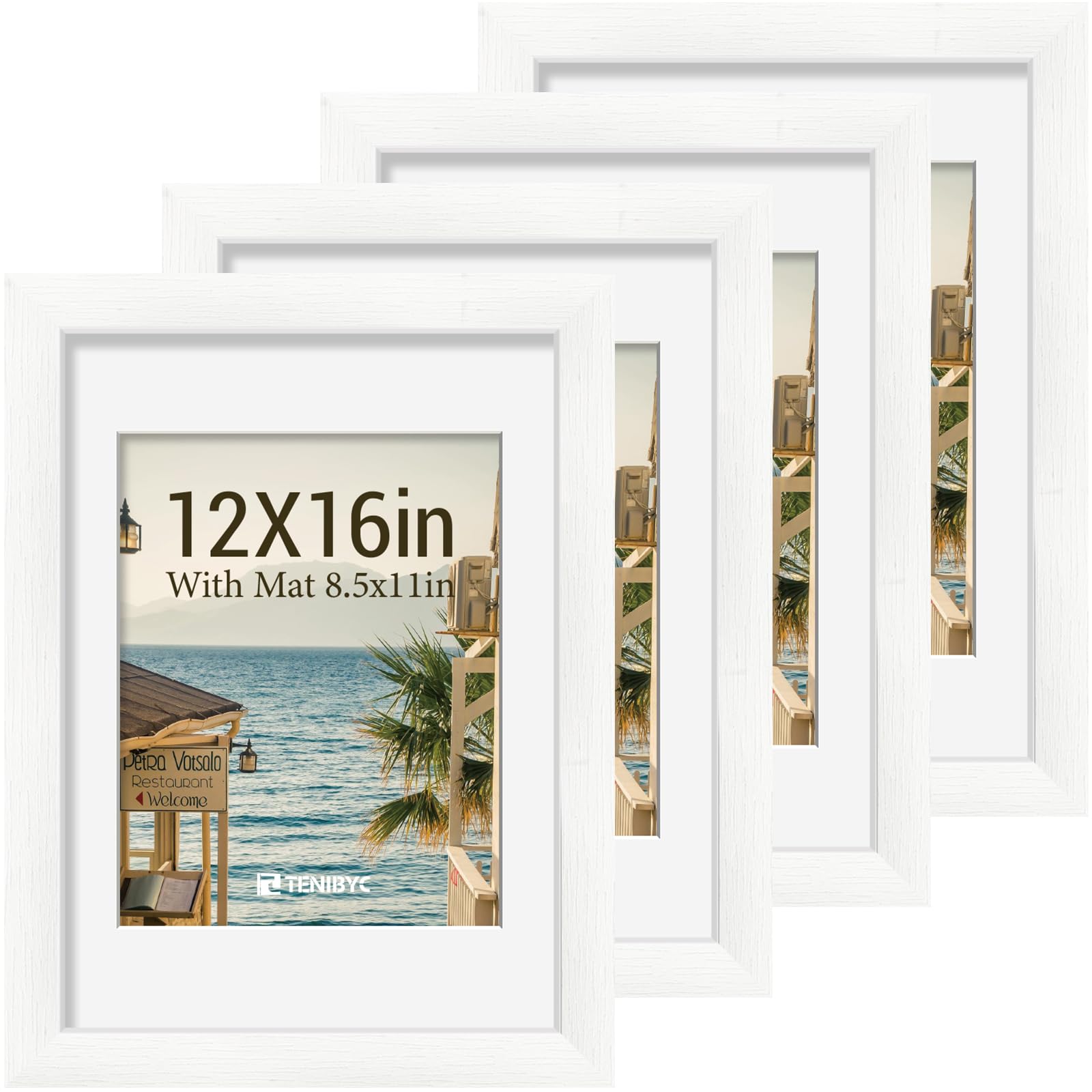 12x16 Picture Frame Set - 4 Pack, Walnut Solid Wood Photo Frames - Tempered Glass - Displays Photos 8.5x11 with Mat or 12 x 16 without - Room, Office, Gallery, Studio, and Hallway Decor - Wall Hanging