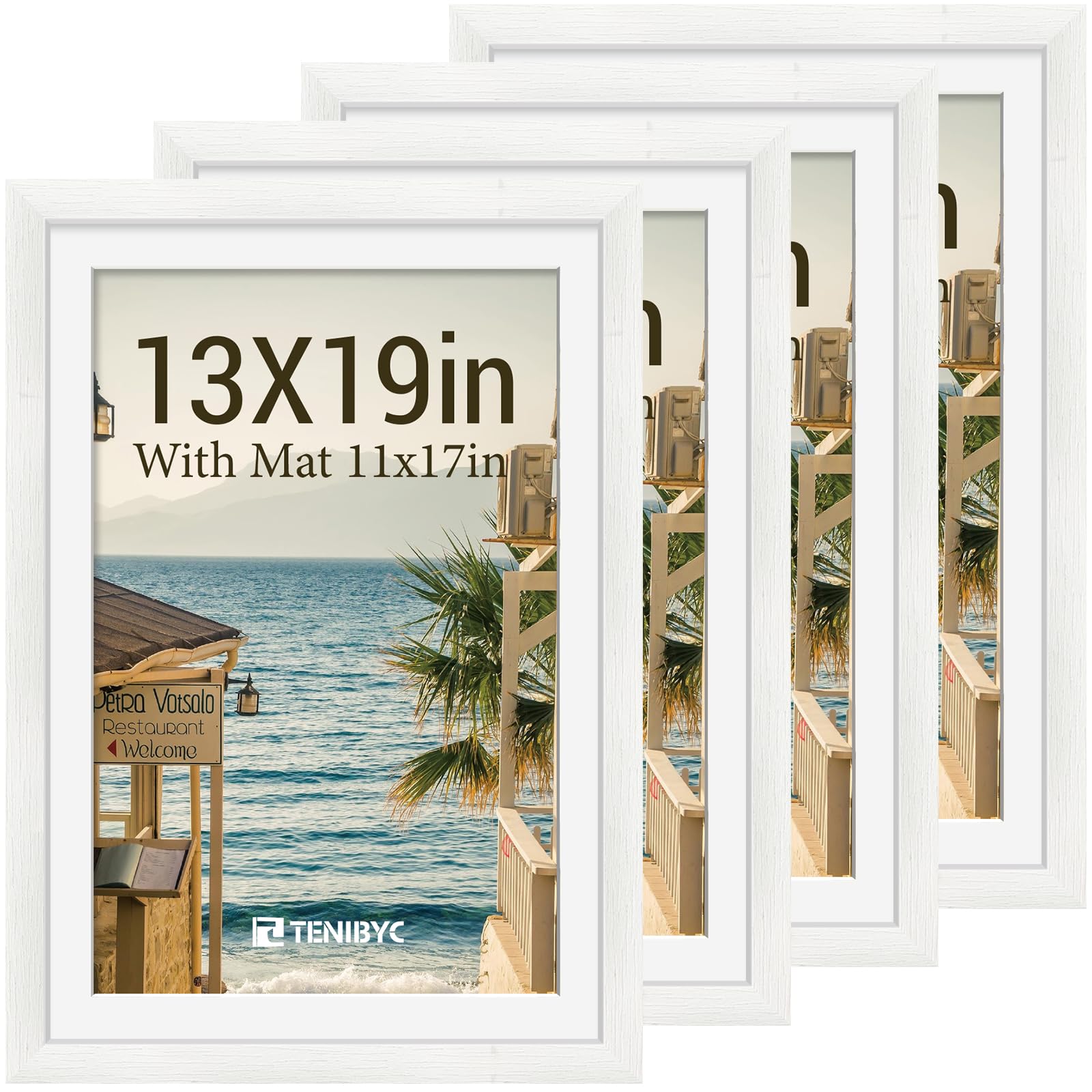 12x16 Picture Frame Set - 4 Pack, Walnut Solid Wood Photo Frames - Tempered Glass - Displays Photos 8.5x11 with Mat or 12 x 16 without - Room, Office, Gallery, Studio, and Hallway Decor - Wall Hanging